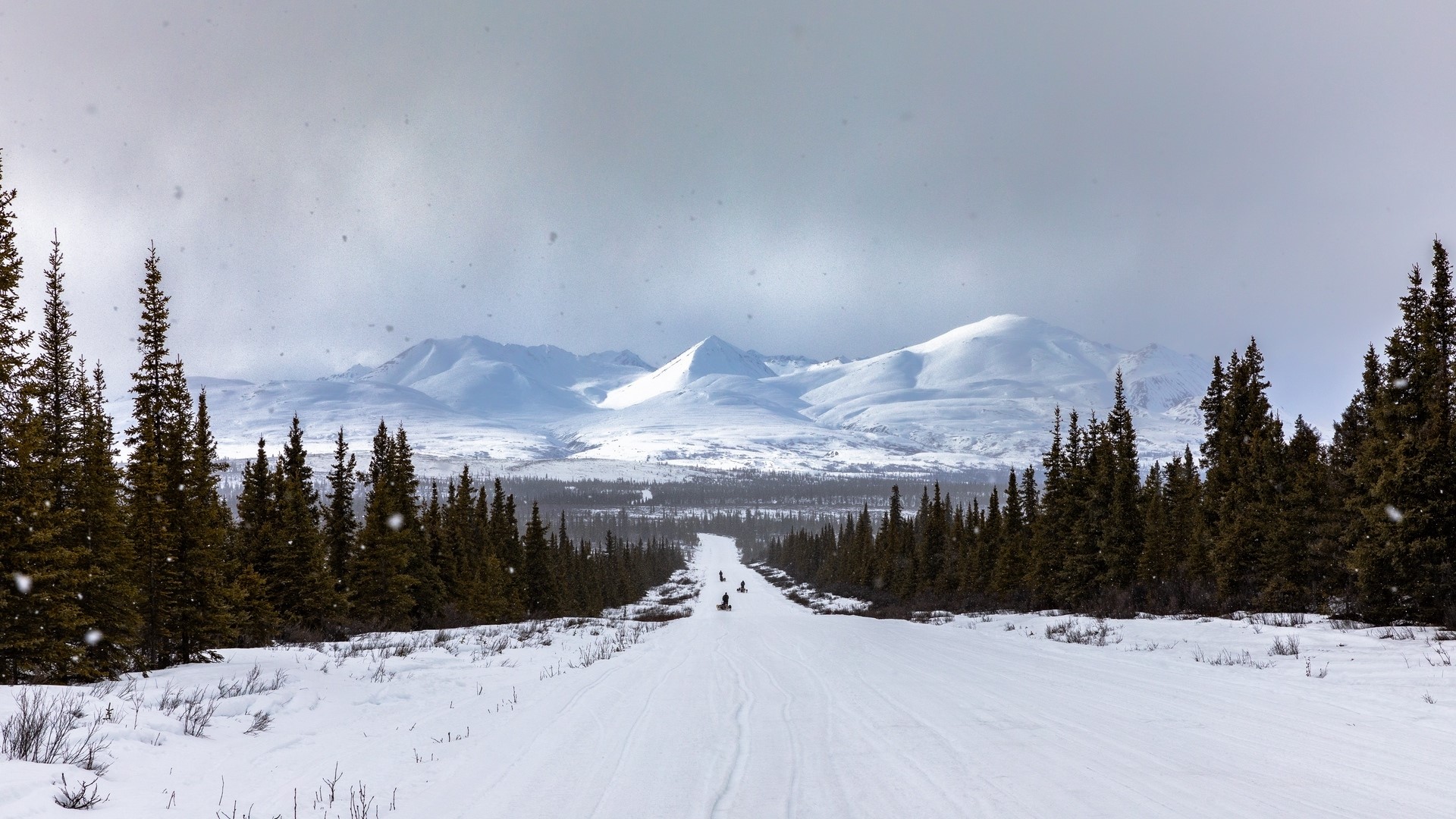 Snowy Mountain Road with Snowmobilers HD Wallpaper