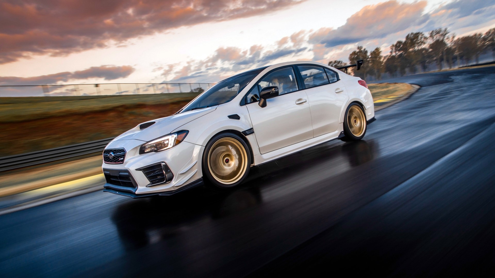 White Subaru WRX STI S209 on a wet race track HD Wallpaper