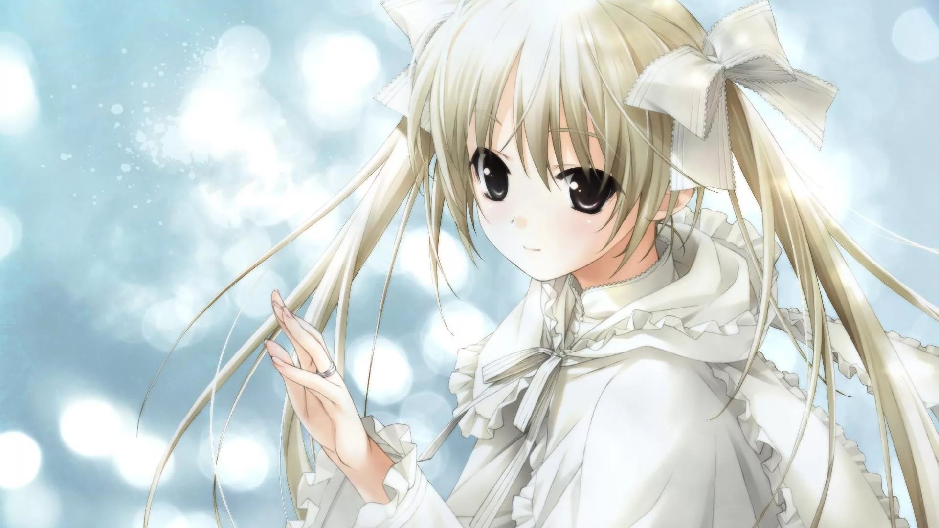 Girl with blonde pigtails in white dress HD Wallpaper