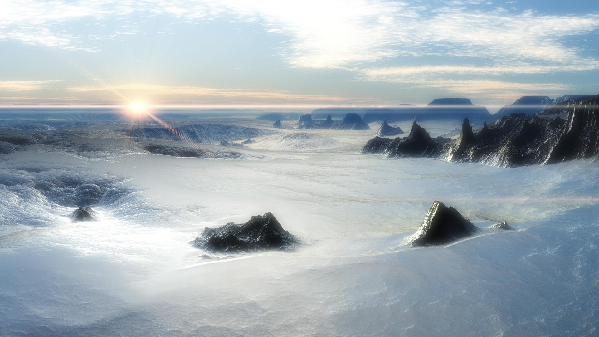 Snowy mountains and landscape under a bright sun HD Wallpaper