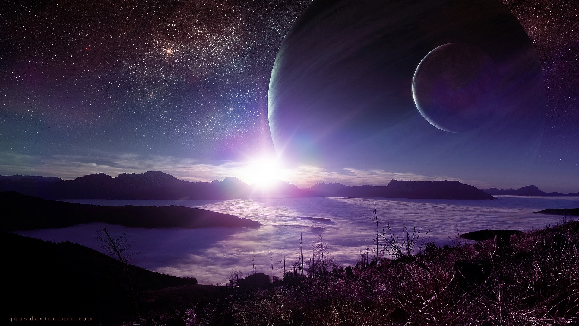 Alien planet with a large moon and stars HD Wallpaper