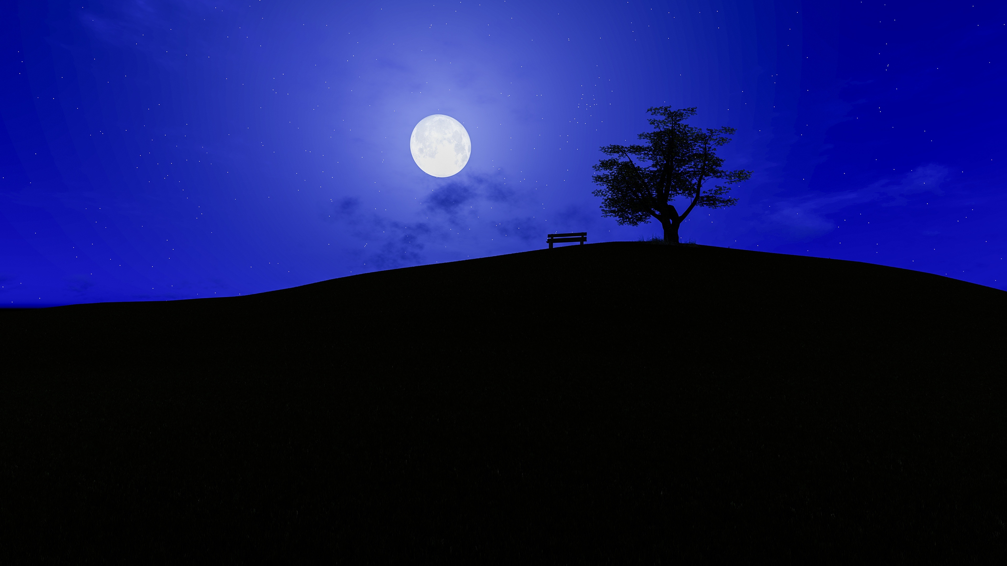 Silhouette of a tree and bench under a full moon HD Wallpaper