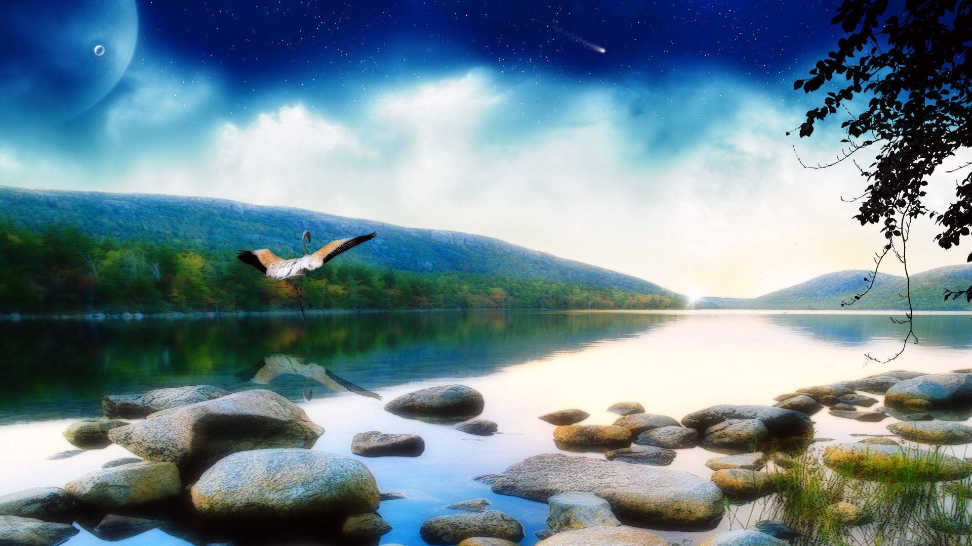 Fantasy Landscape with Bird and Planet HD Wallpaper