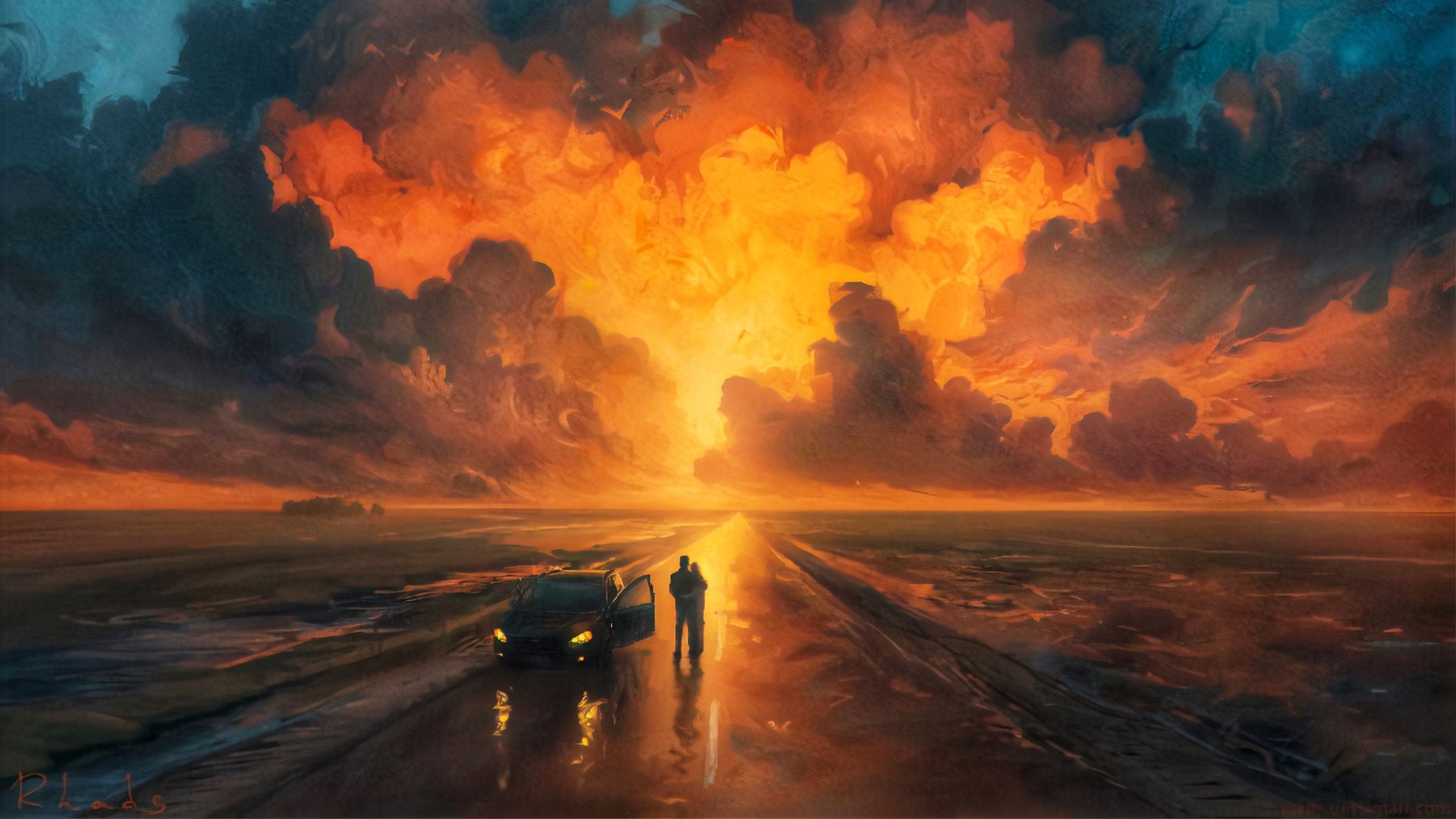 Couple on a road trip during a fiery sunset HD Wallpaper