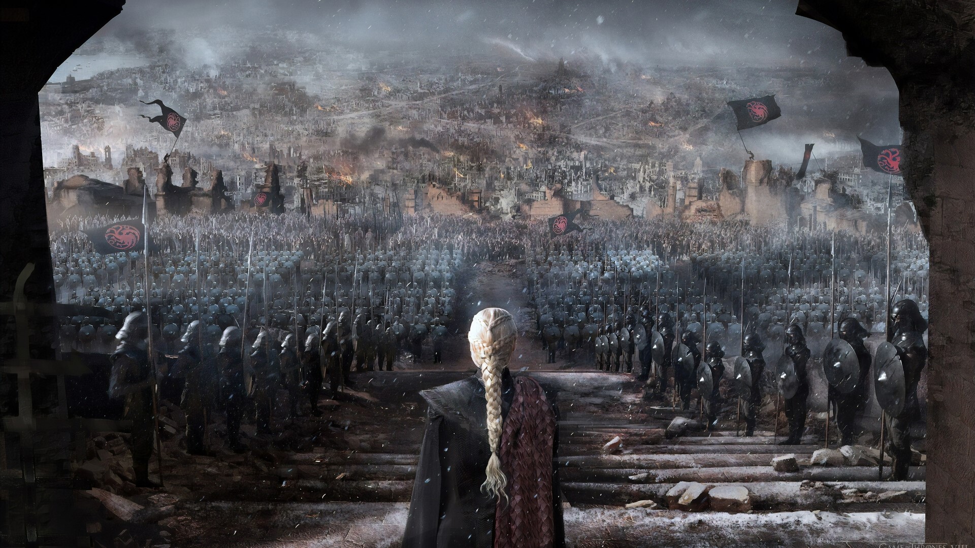Daenerys Targaryen and her army in a destroyed city HD Wallpaper