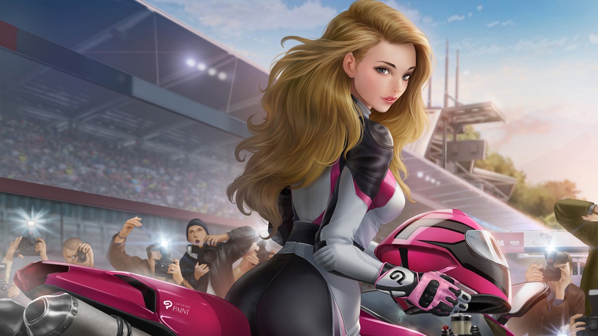 Girl in racing suit with pink motorcycle at race track HD Wallpaper