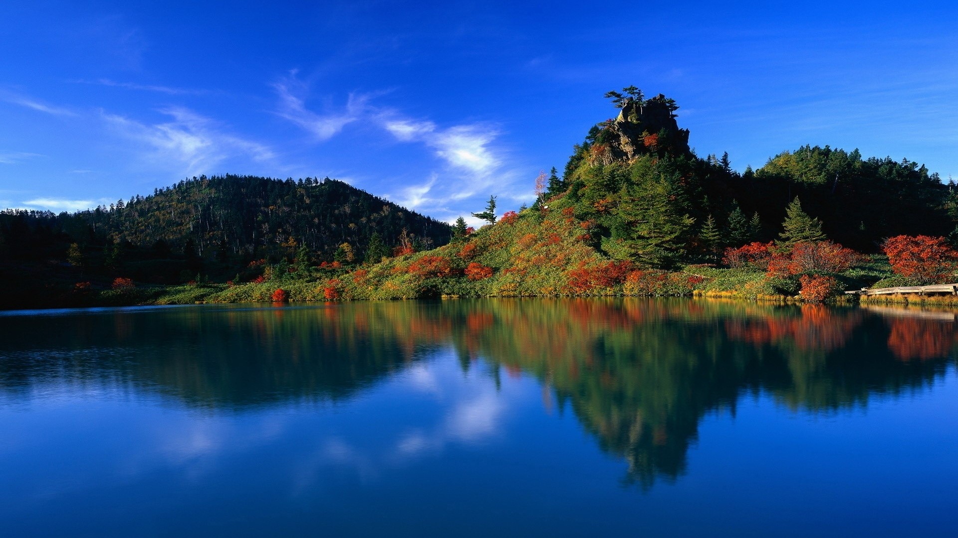 Lake reflecting mountains and trees under blue sky HD Wallpaper