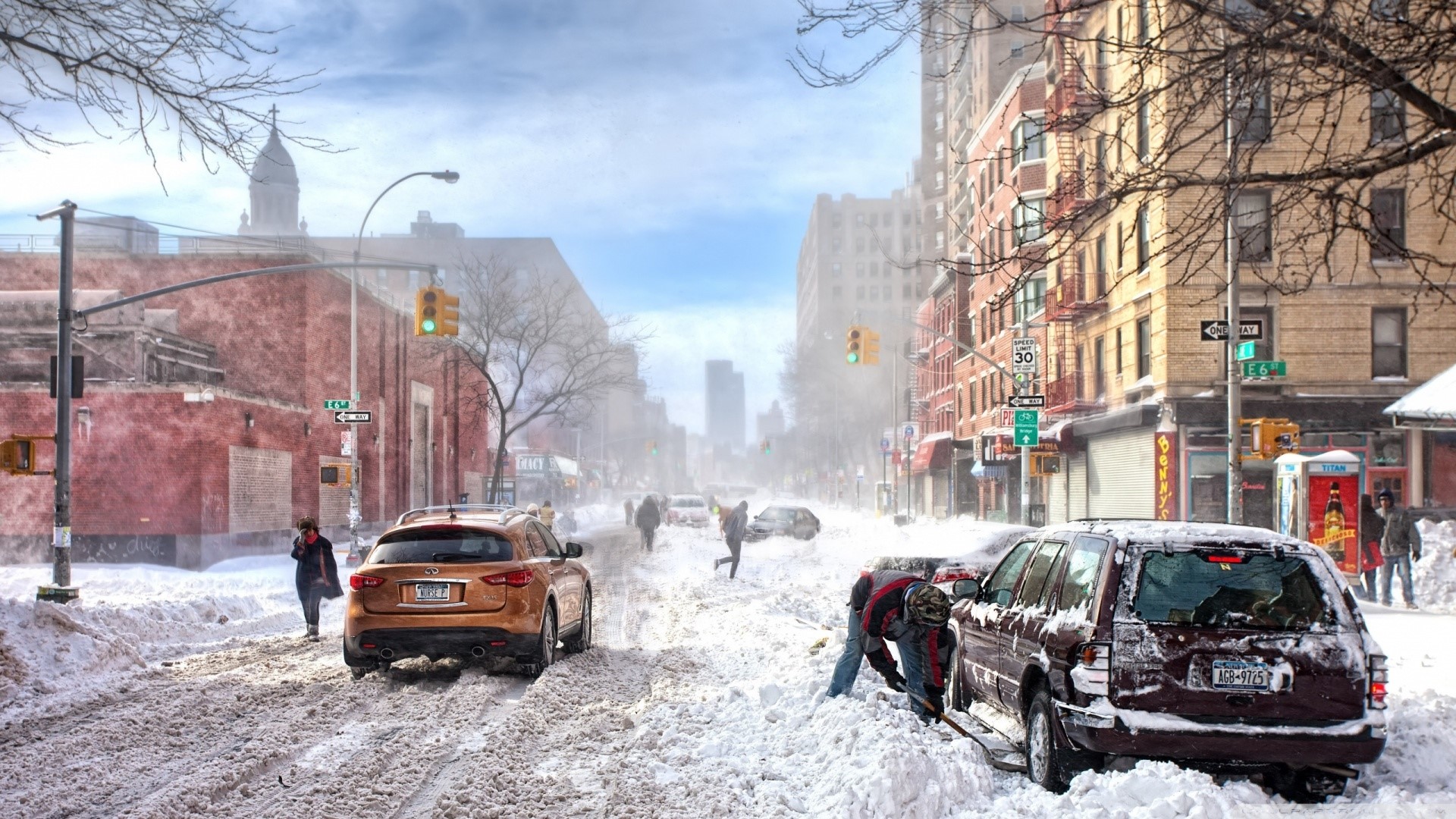 City street covered in snow during a blizzard HD Wallpaper