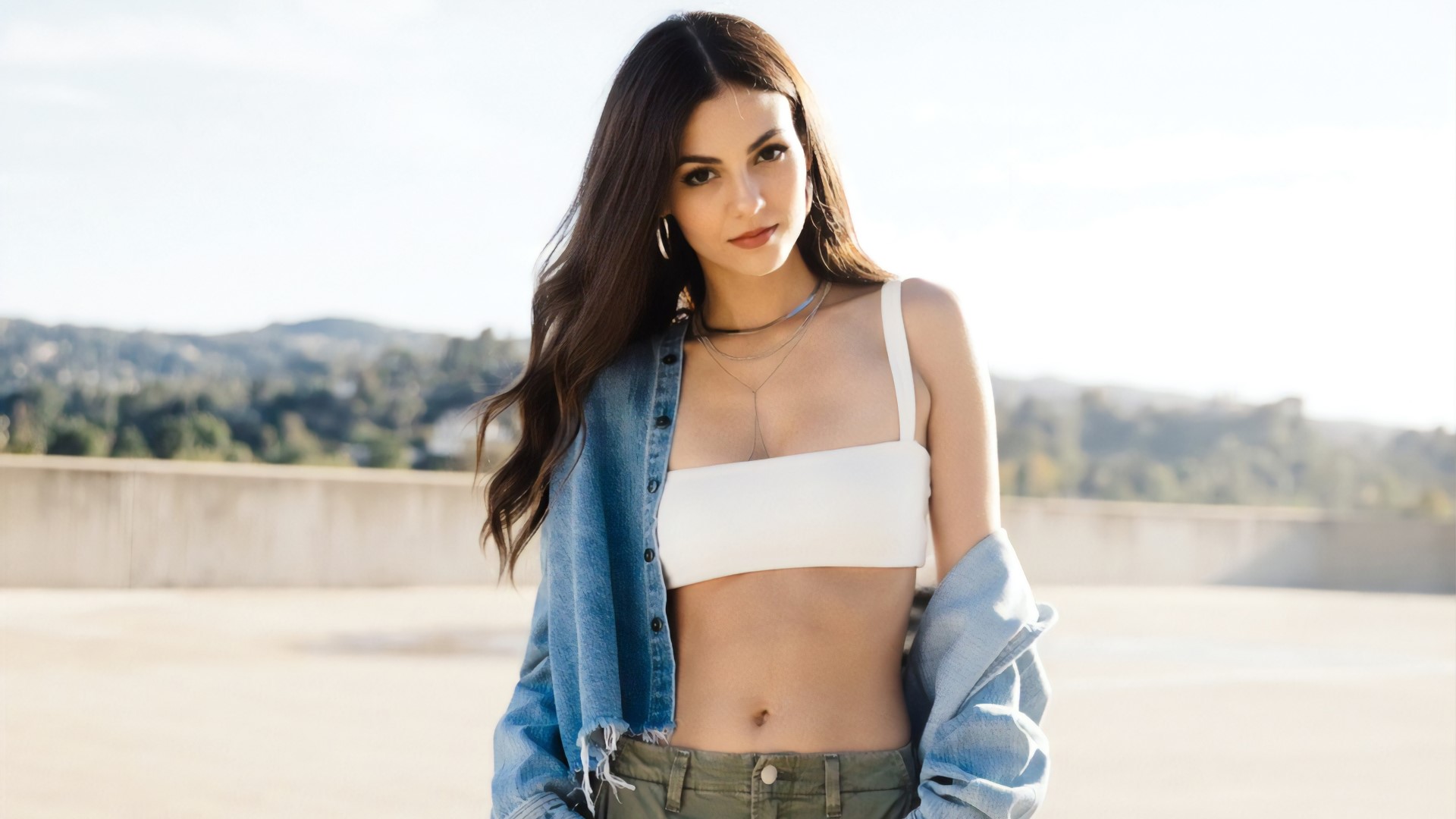 Victoria Justice in a white top and denim jacket HD Wallpaper