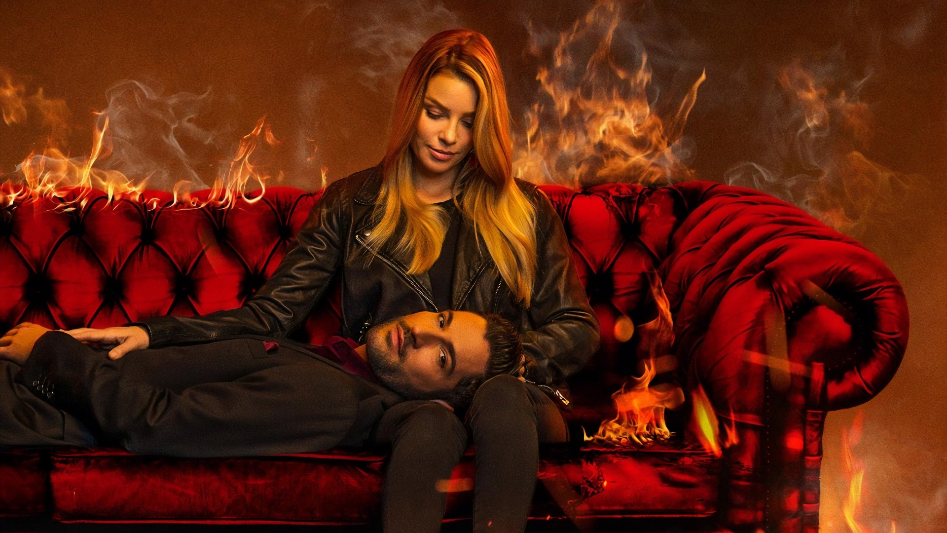 Lucifer and Chloe on a couch with fire HD Wallpaper
