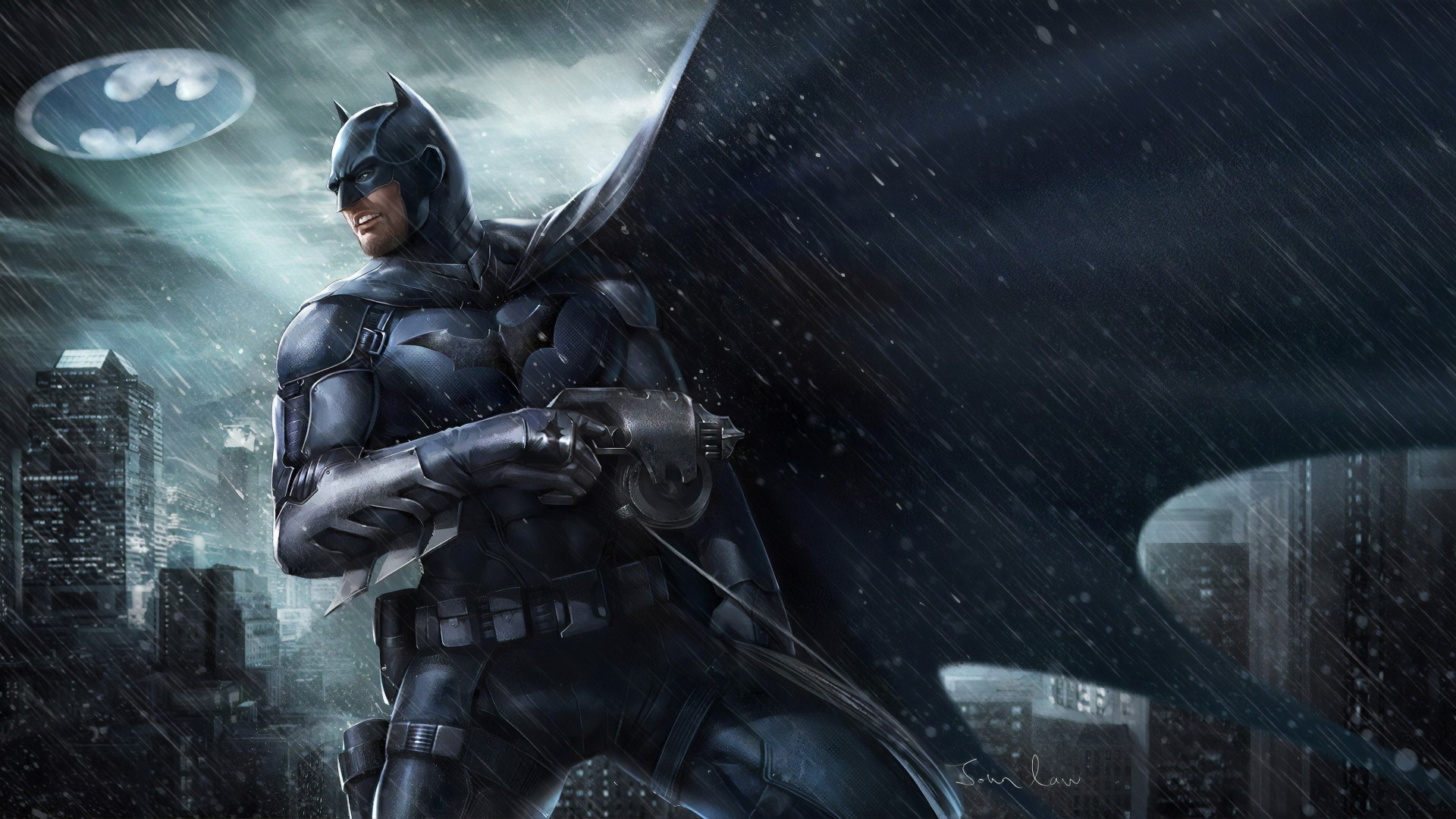 Batman in the rain with Bat-Signal HD Wallpaper