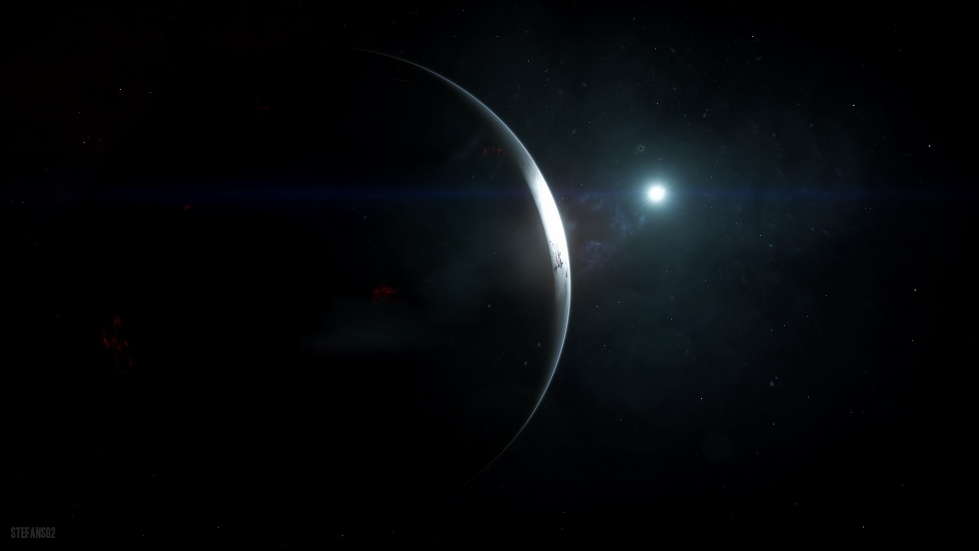 Planet in deep space with a bright star HD Wallpaper