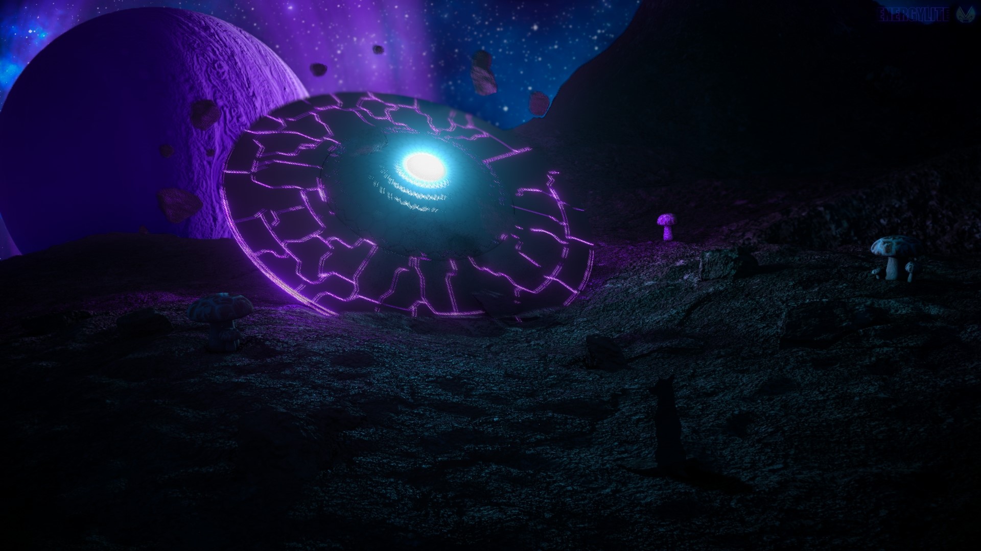 UFO on an alien planet with purple planet HD Wallpaper