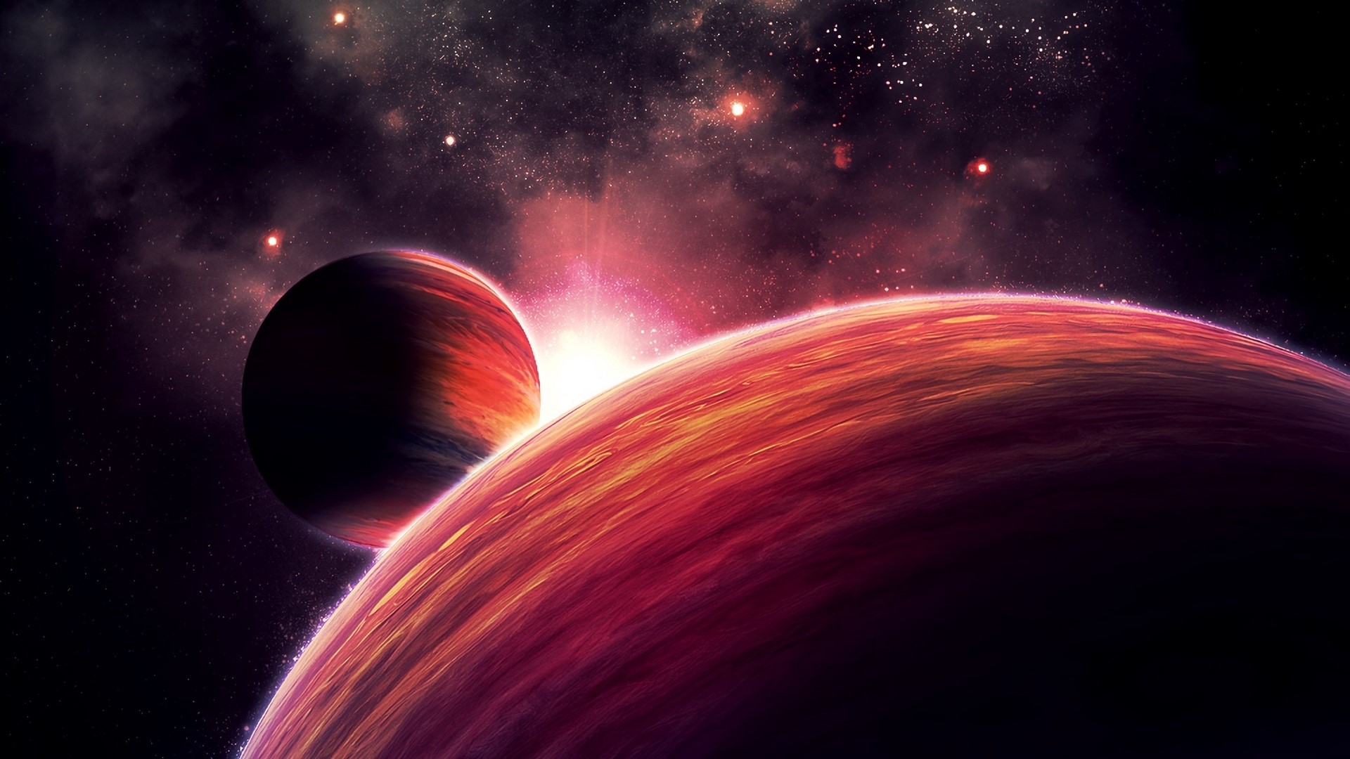Two planets in space with a bright nebula HD Wallpaper
