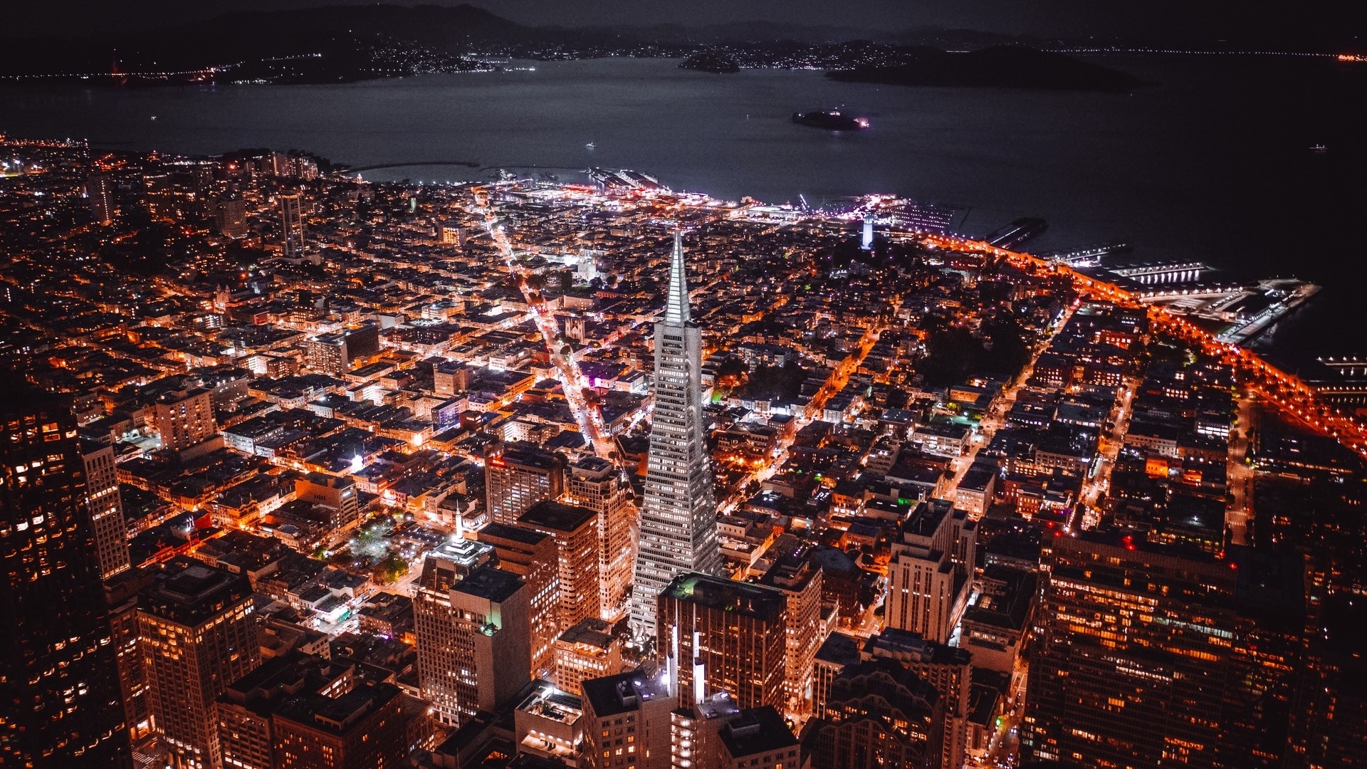 Aerial view of San Francisco skyline at night HD Wallpaper