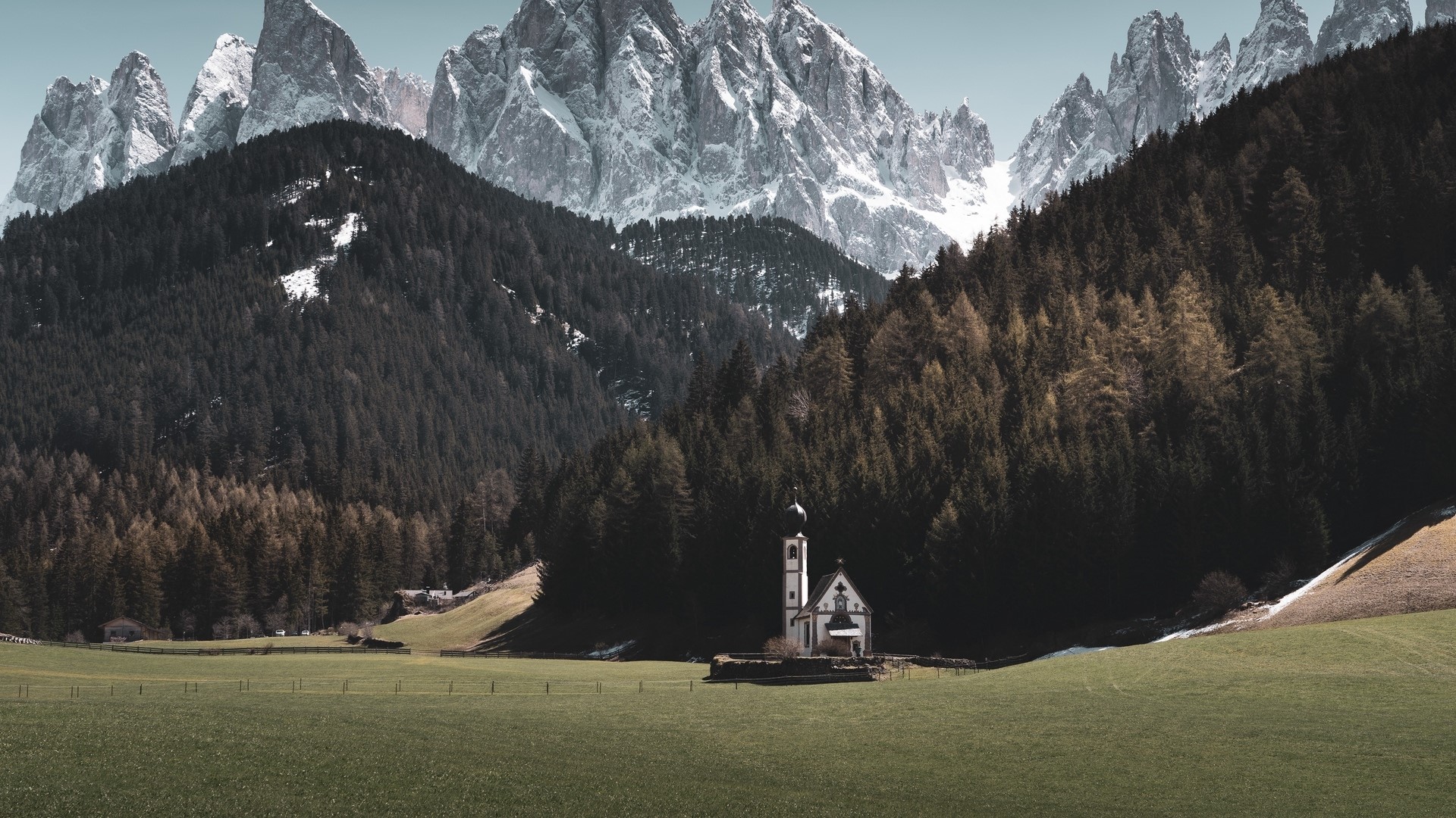 Church in the Italian Alps with Snow-Capped Mountains HD Wallpaper