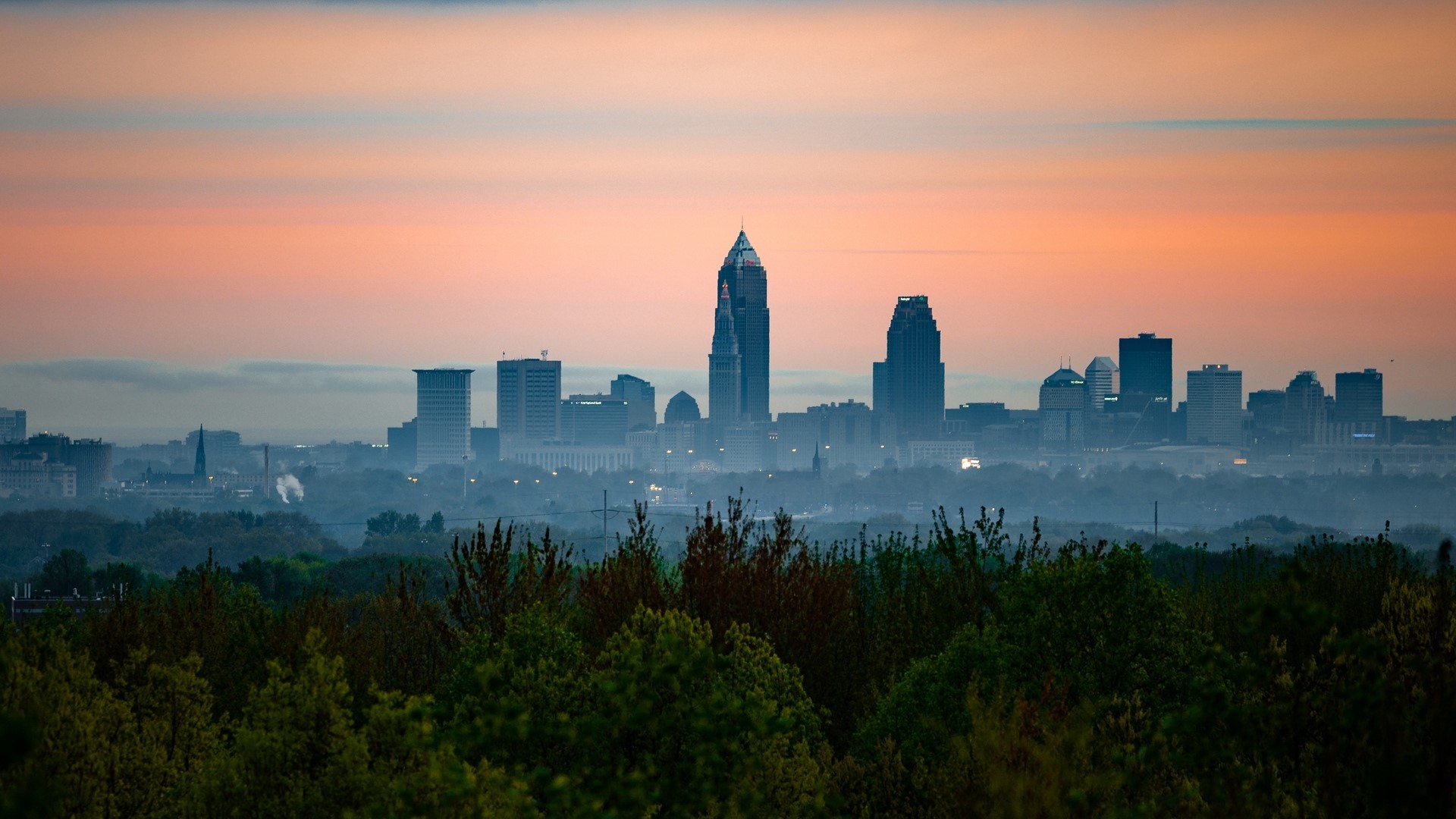 City Skyline at Sunrise with Fog HD Wallpaper