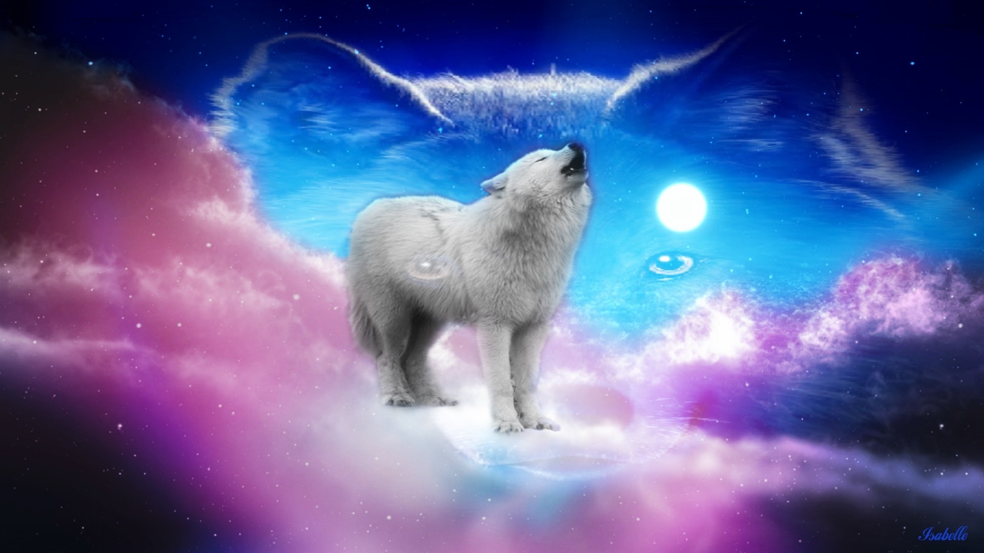 White wolf howling at full moon in galaxy HD Wallpaper