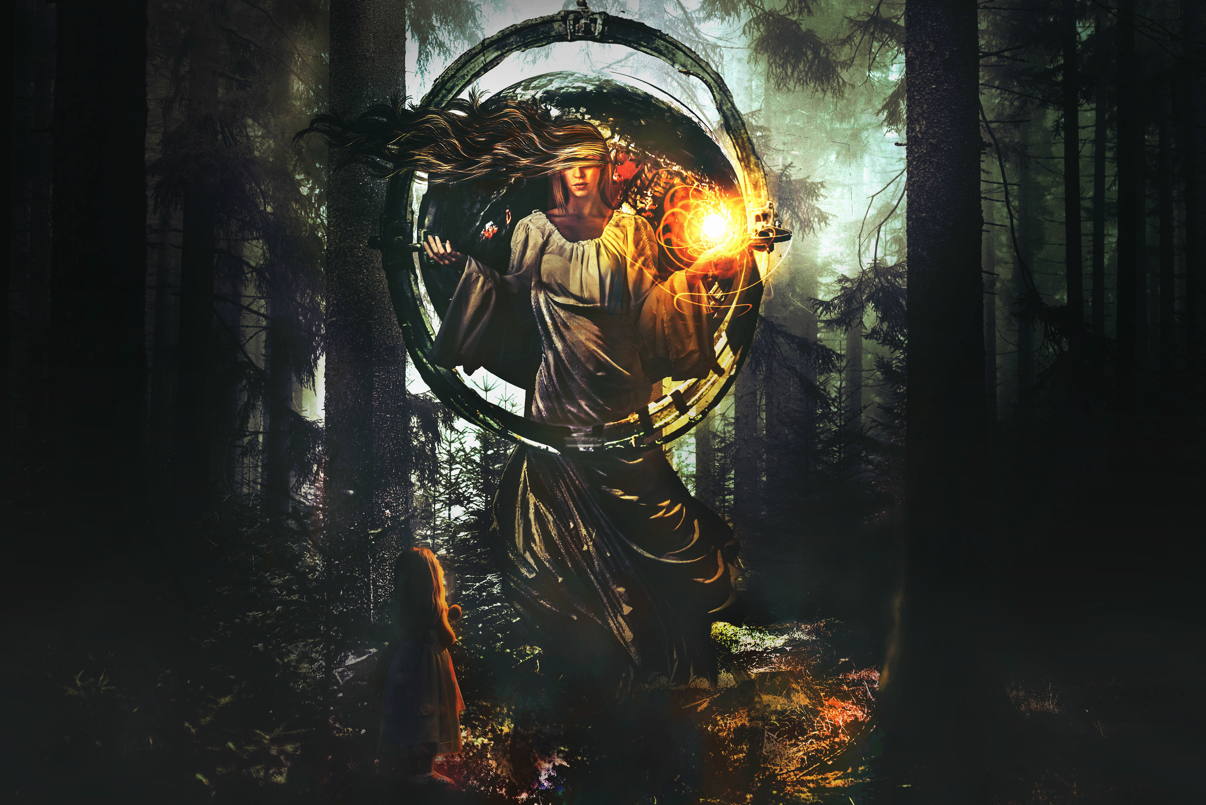 Blindfolded Woman with Orb in Forest HD Wallpaper