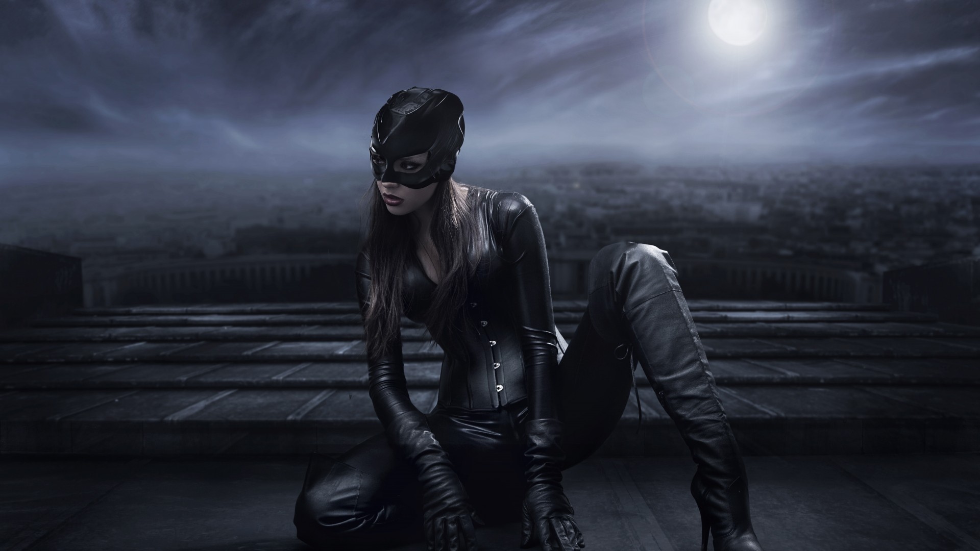 Catwoman Cosplay on Rooftop Under Moonlit Sky HD Wallpaper