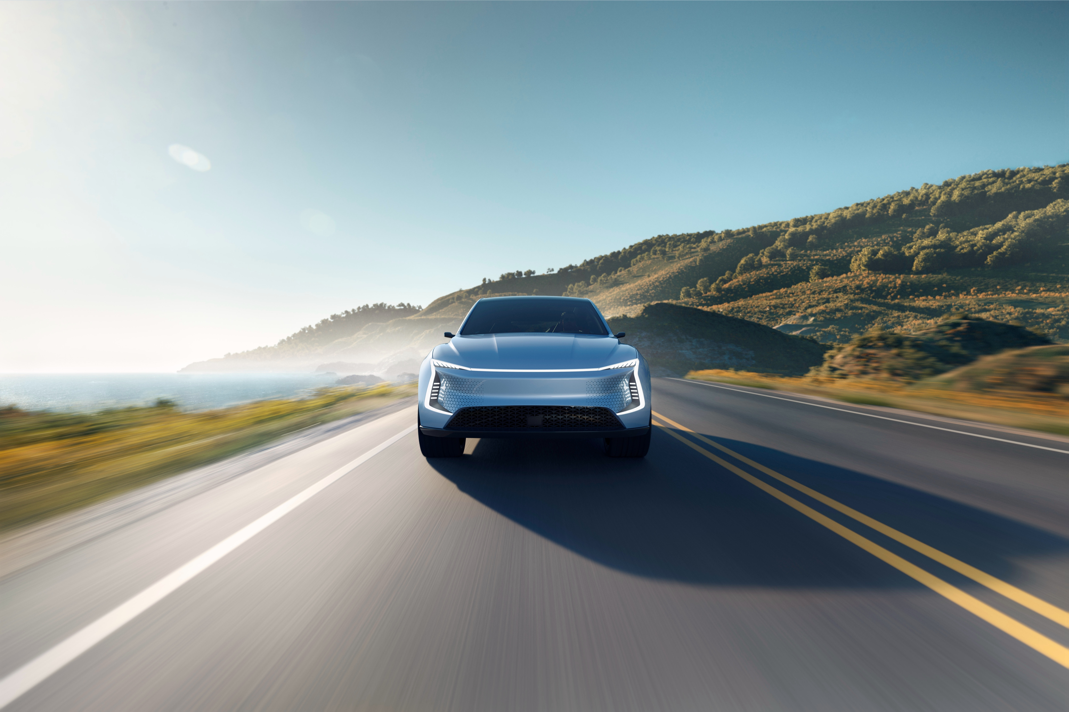 SF Motors SF5 electric car on a coastal road HD Wallpaper