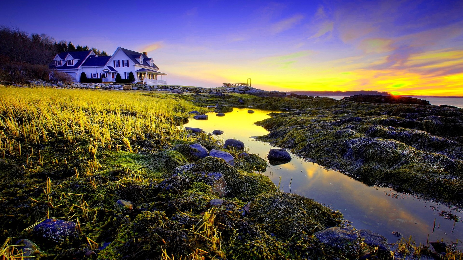House by the sea at sunrise HD Wallpaper