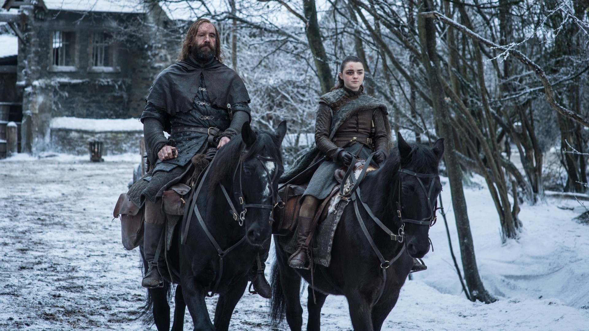 The Hound and Arya Stark from Game of Thrones on horseback in snow HD Wallpaper