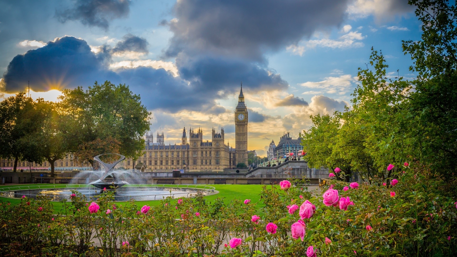 Big Ben and Westminster Palace with Fountain and Roses HD Wallpaper