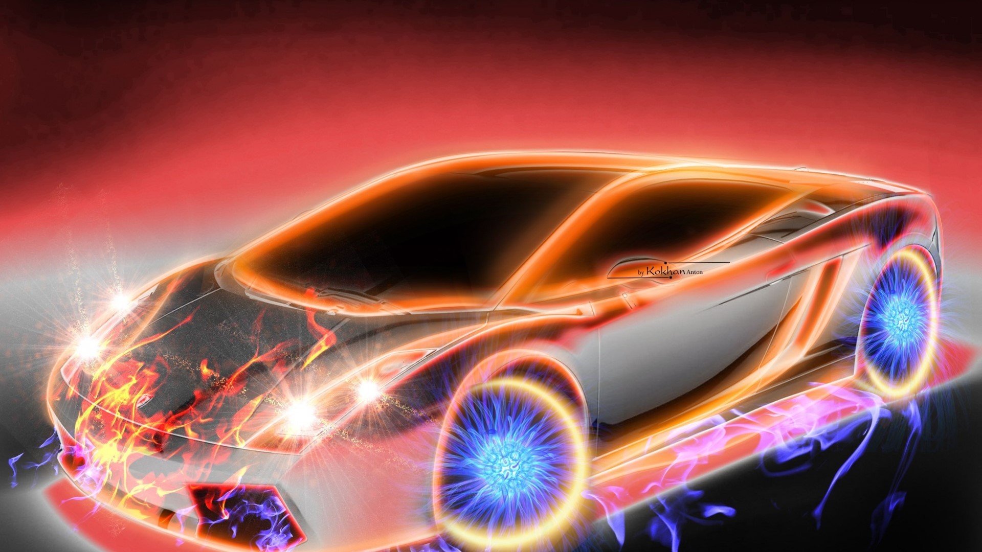 Neon sports car with fire and electricity effects HD Wallpaper