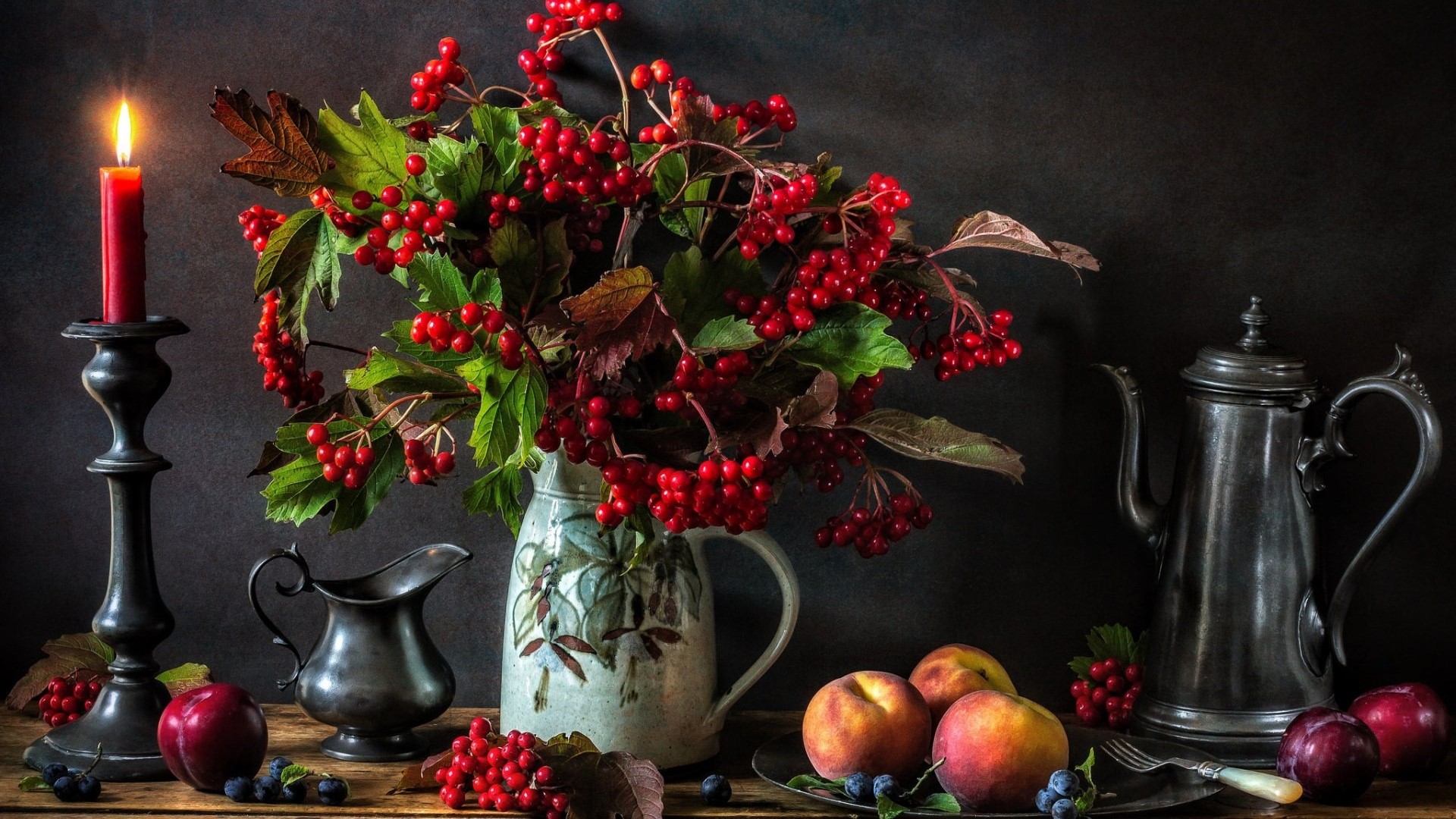 Still life with berries, fruit, and candle HD Wallpaper