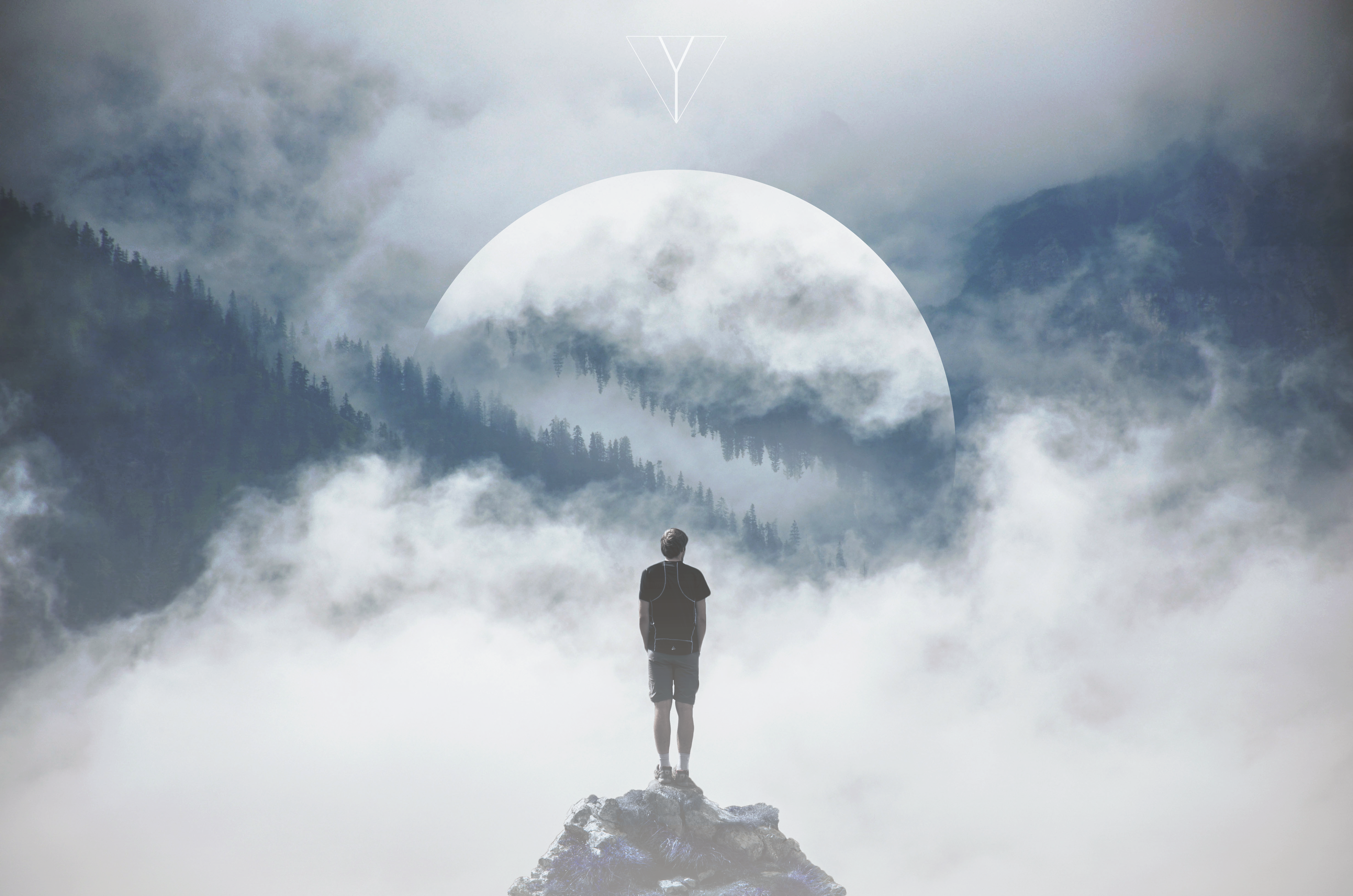 Man on rock with moon and forest double exposure 4K HD Wallpaper