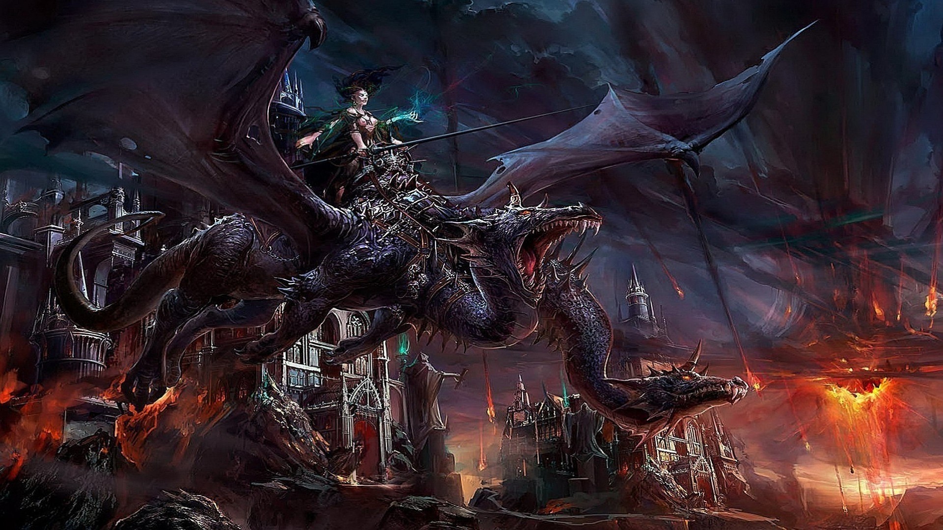 A woman rides a dragon over a burning city HD Wallpaper