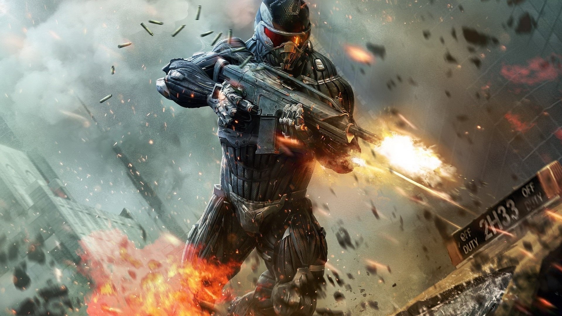 Soldier in Nanosuit firing assault rifle in battle HD Wallpaper