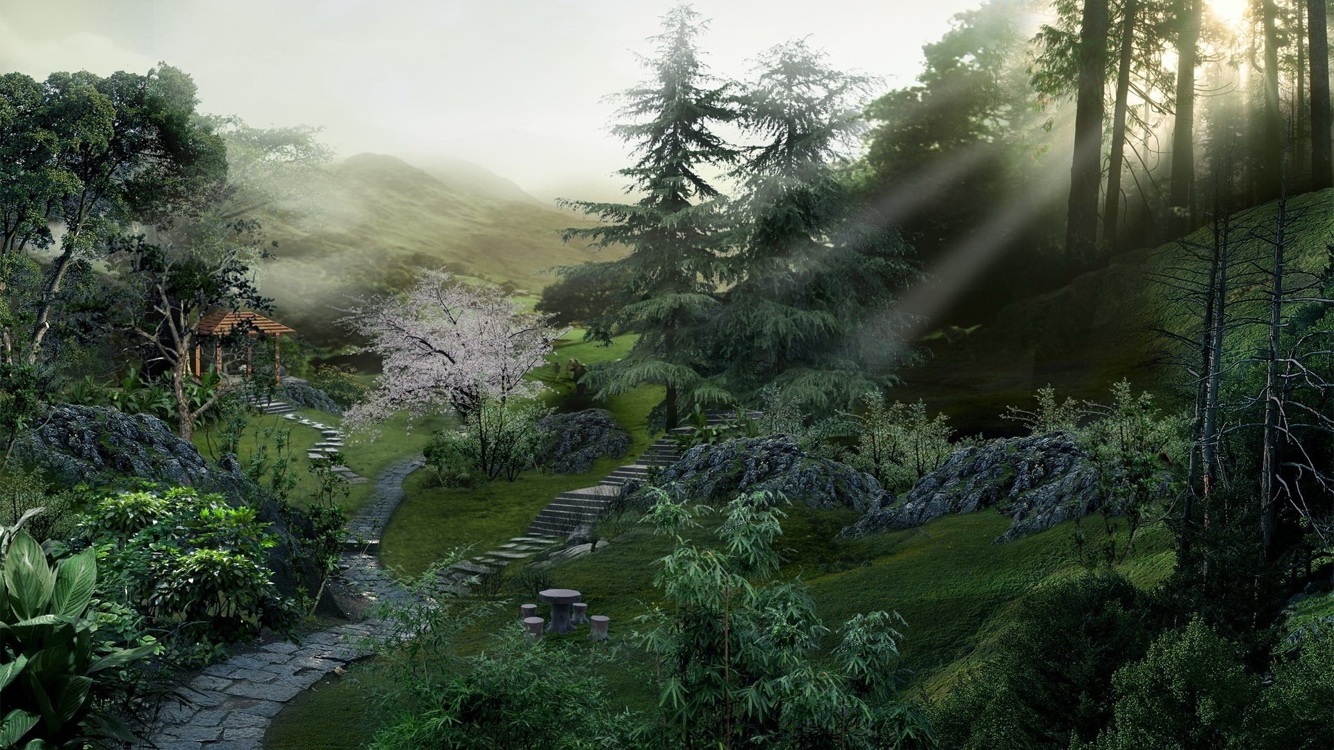 Sunbeams through a misty forest with a Japanese garden HD Wallpaper