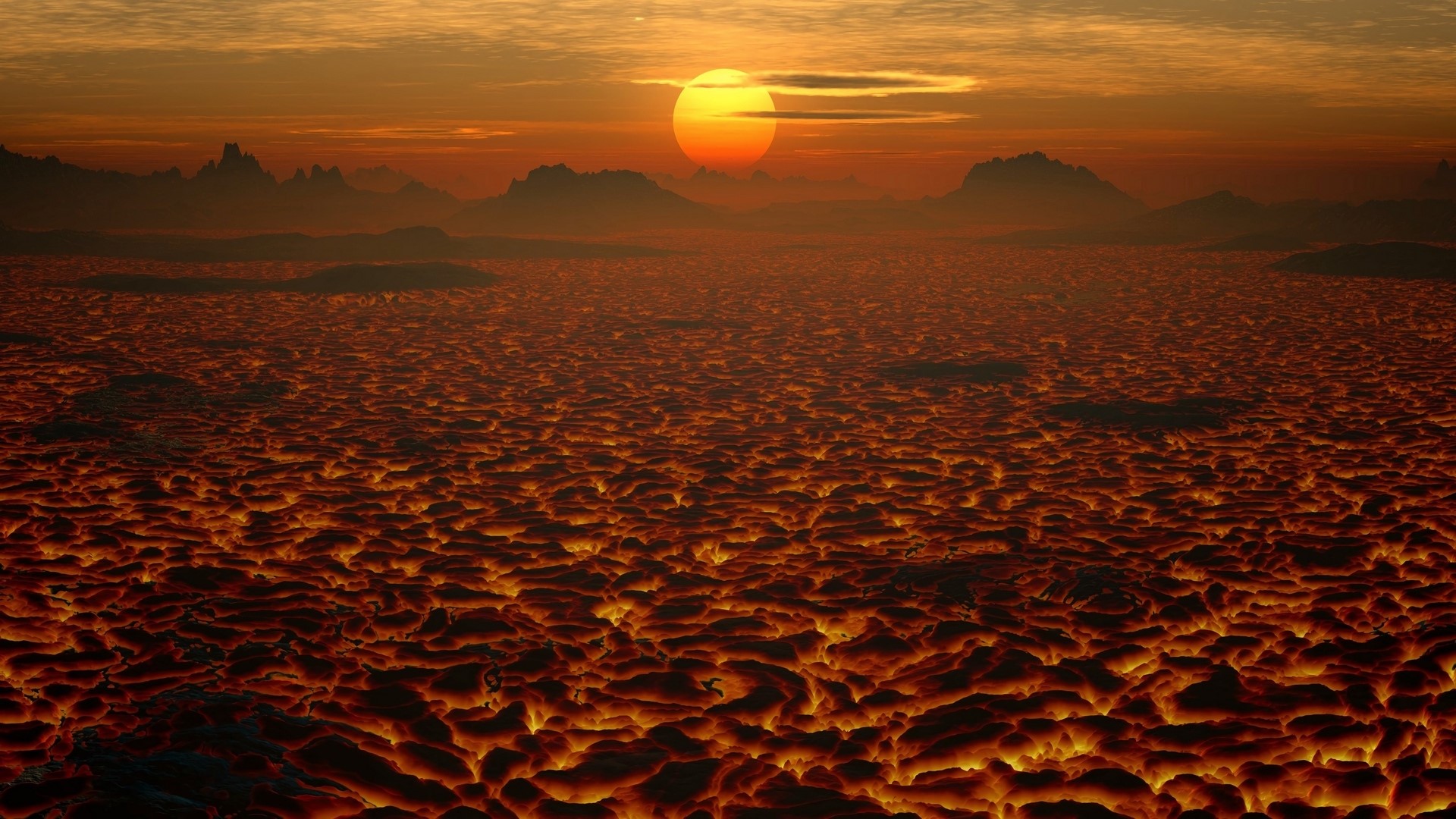 Lava field under a sunset sky HD Wallpaper