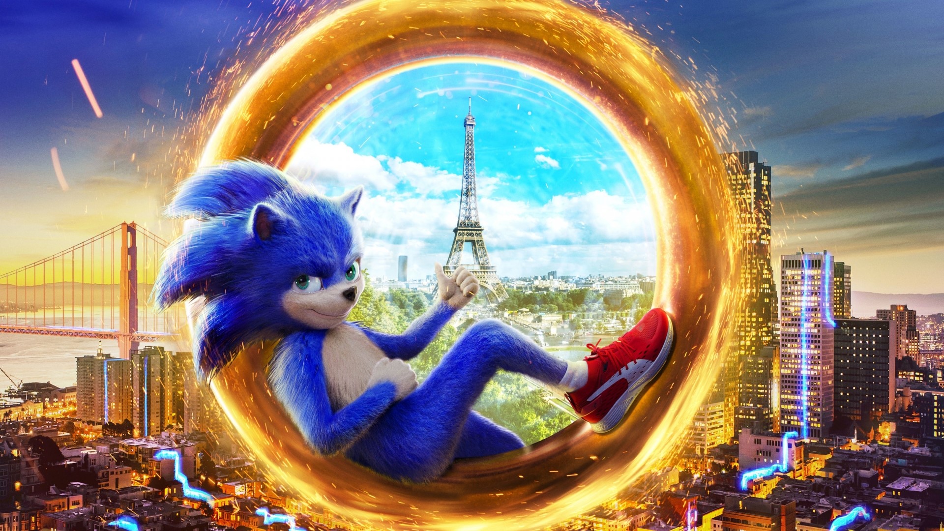 Sonic the Hedgehog in a portal with Paris and San Francisco landmarks HD Wallpaper