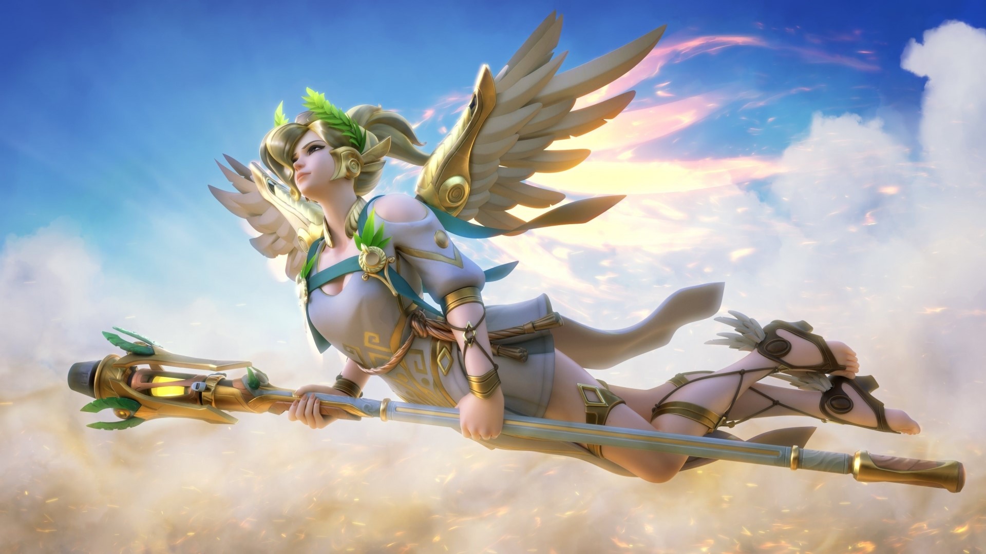 Mercy from Overwatch flying in the sky HD Wallpaper