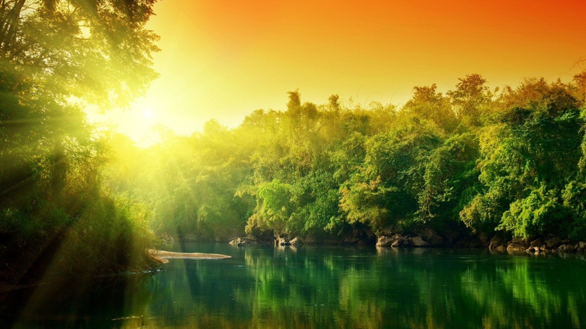 Sunrise over a river and forest HD Wallpaper