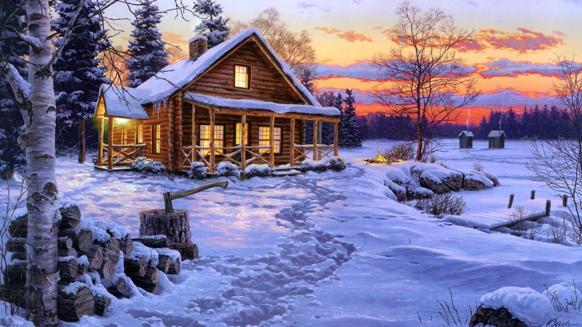 Winter cabin in snowy forest at sunset HD Wallpaper
