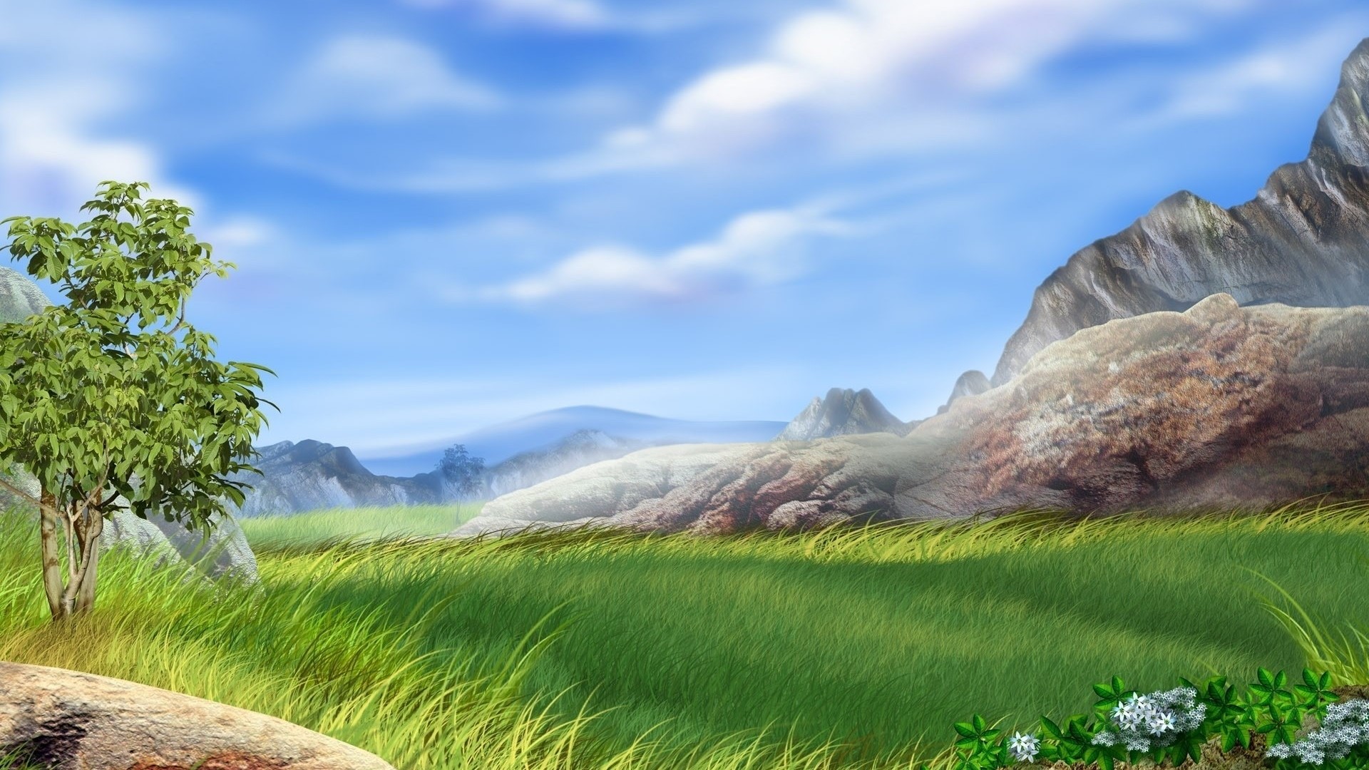 Digital painting of a mountainous landscape with a tree HD Wallpaper