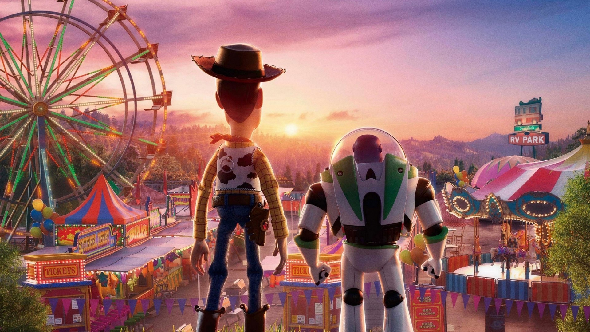 Woody and Buzz Lightyear from Toy Story 4 at a carnival HD Wallpaper