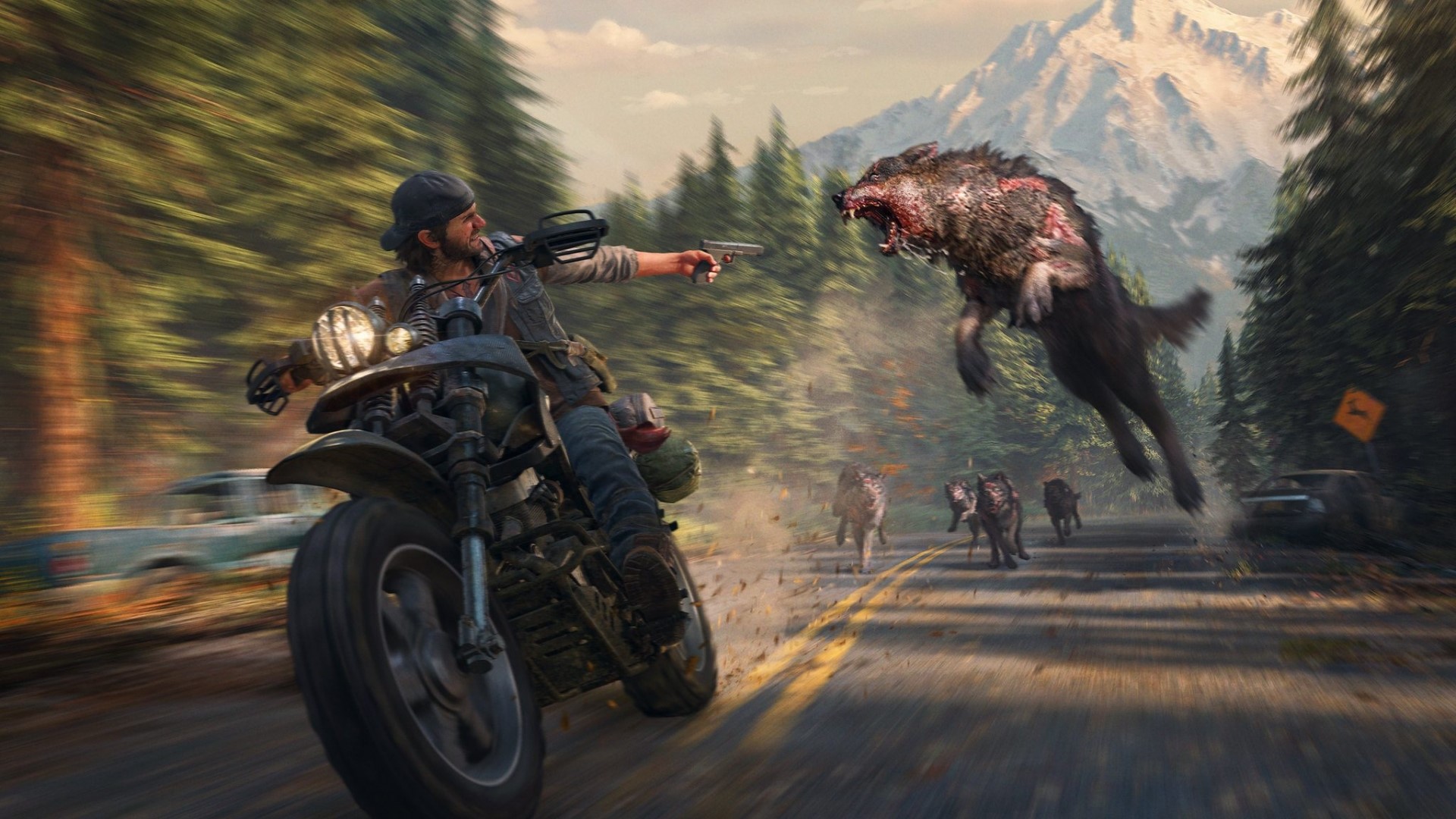 Deacon St. John from Days Gone fighting wolves on a motorcycle HD Wallpaper