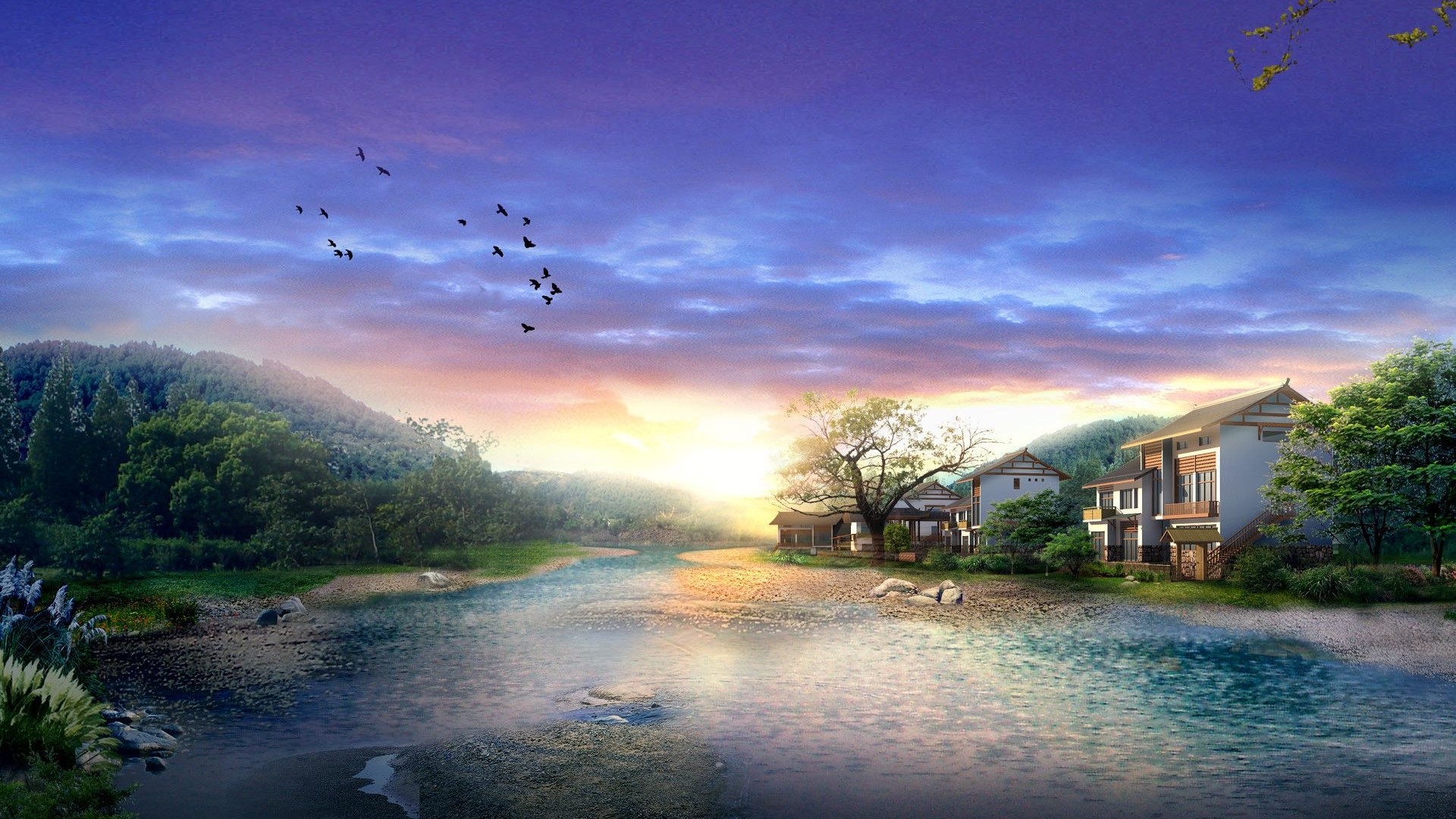 Picturesque landscape with houses by a river at sunset HD Wallpaper