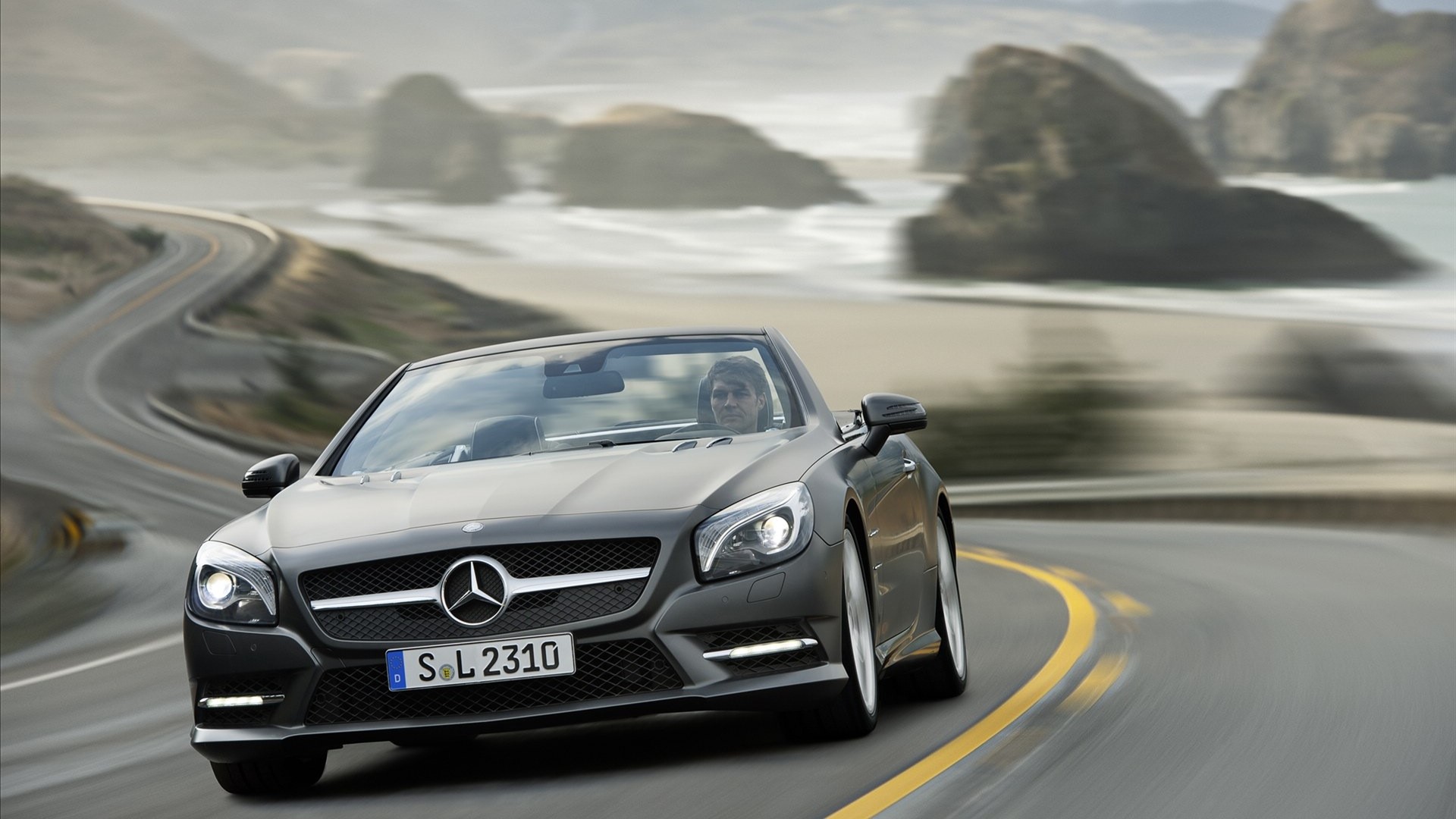 Mercedes-Benz SL Convertible Driving on Coastal Road HD Wallpaper