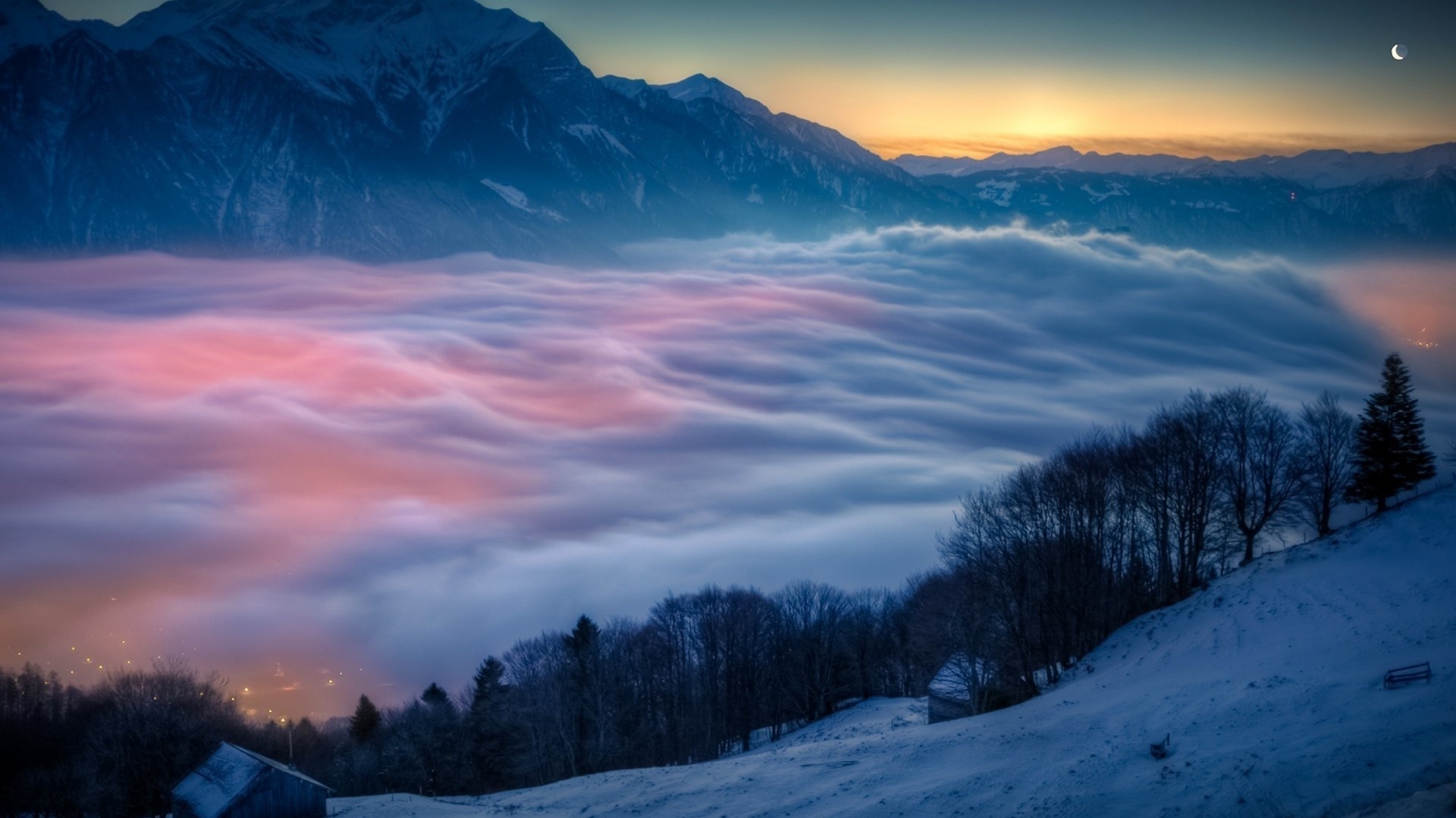 Foggy mountain valley at sunset with moon HD Wallpaper