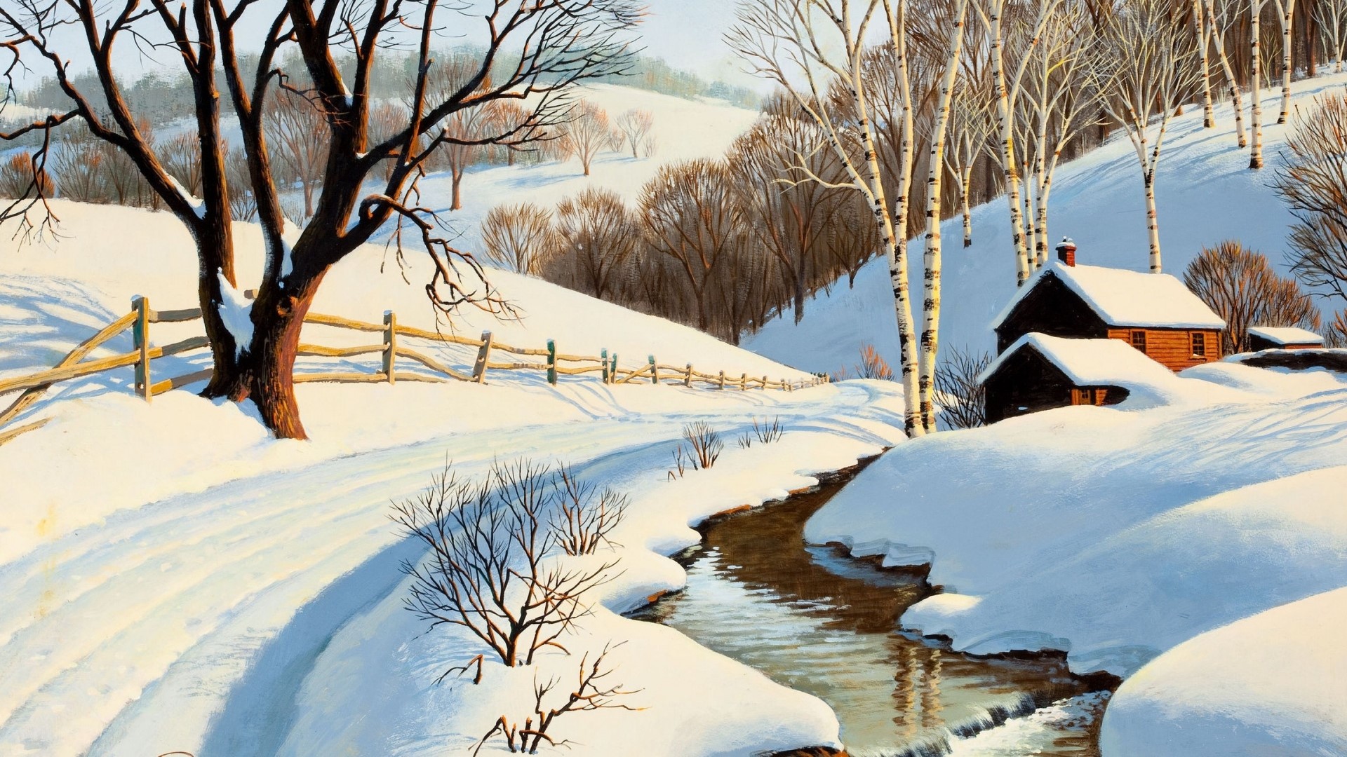 Winter scene with a snowy road and a log cabin HD Wallpaper