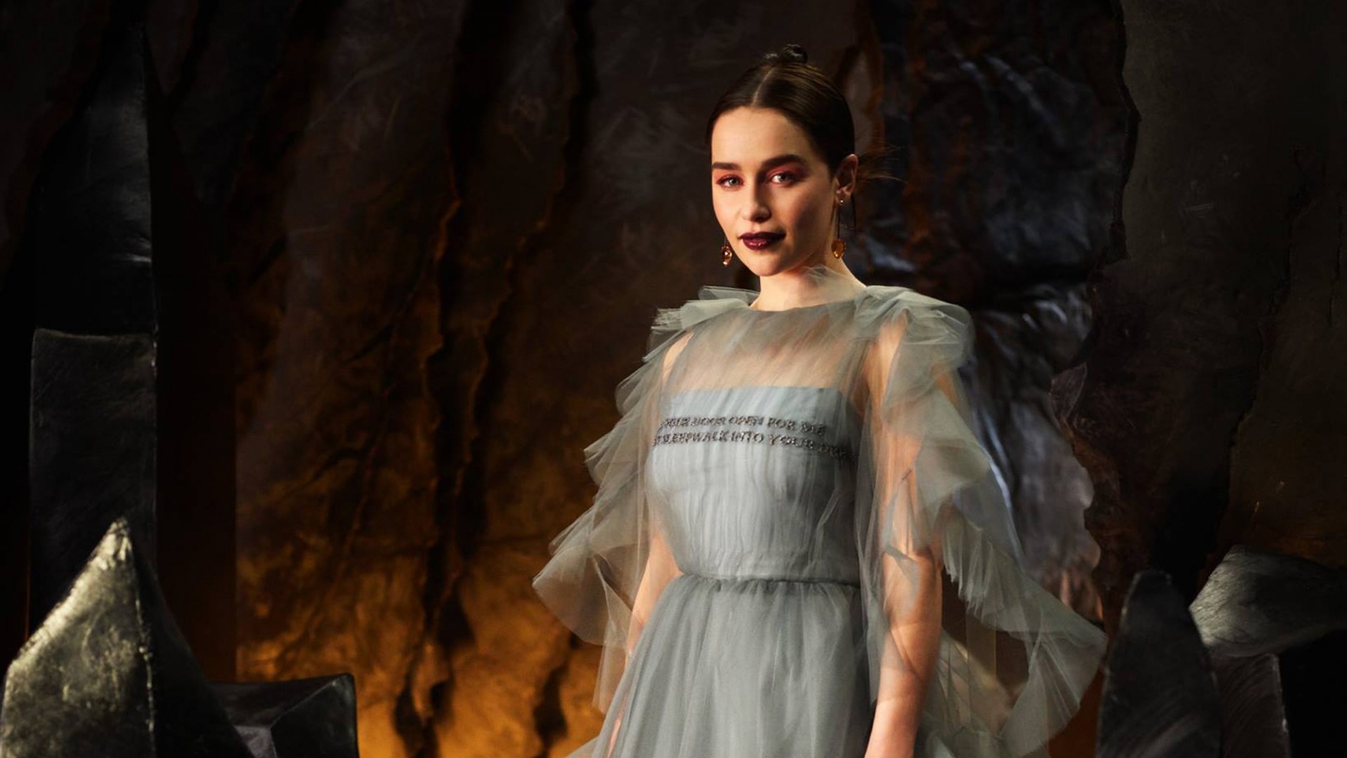 Emilia Clarke in a grey dress HD Wallpaper