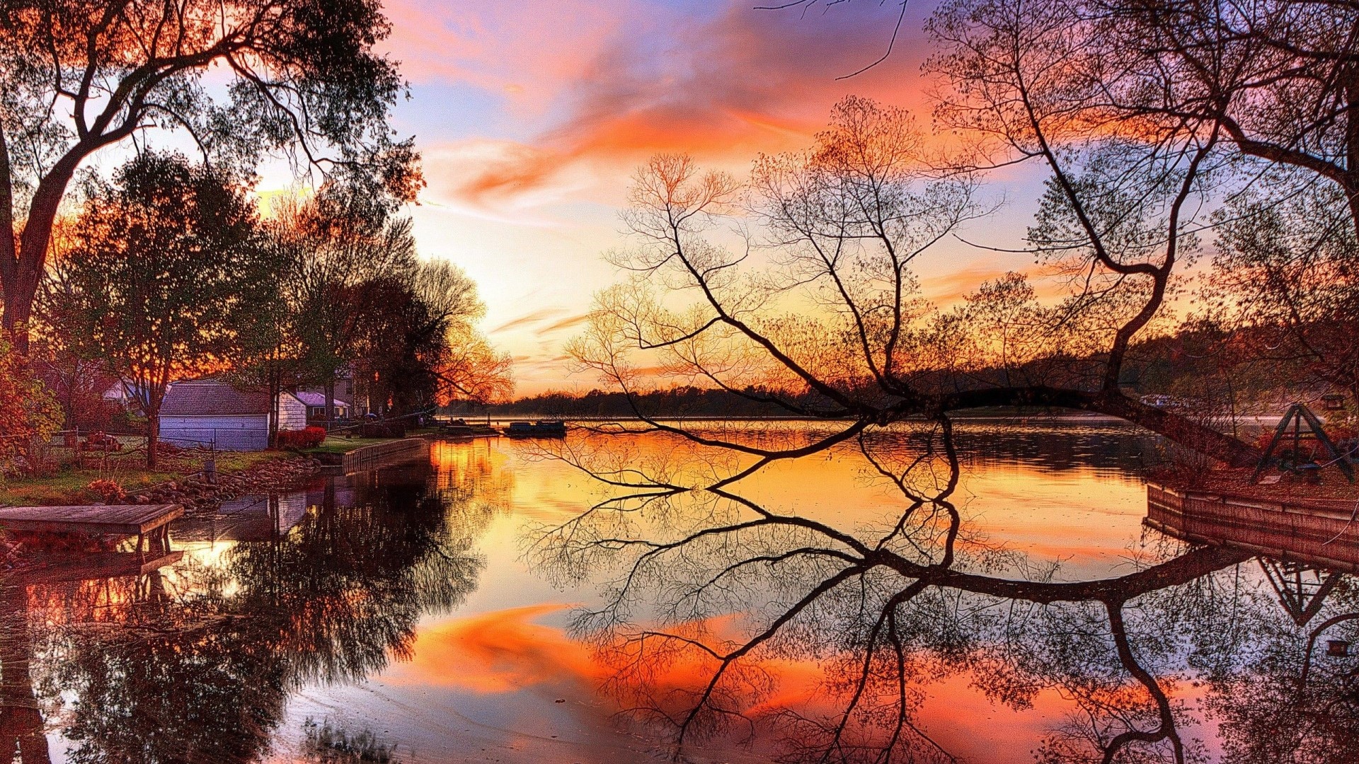 Sunset over a lake with tree reflections HD Wallpaper