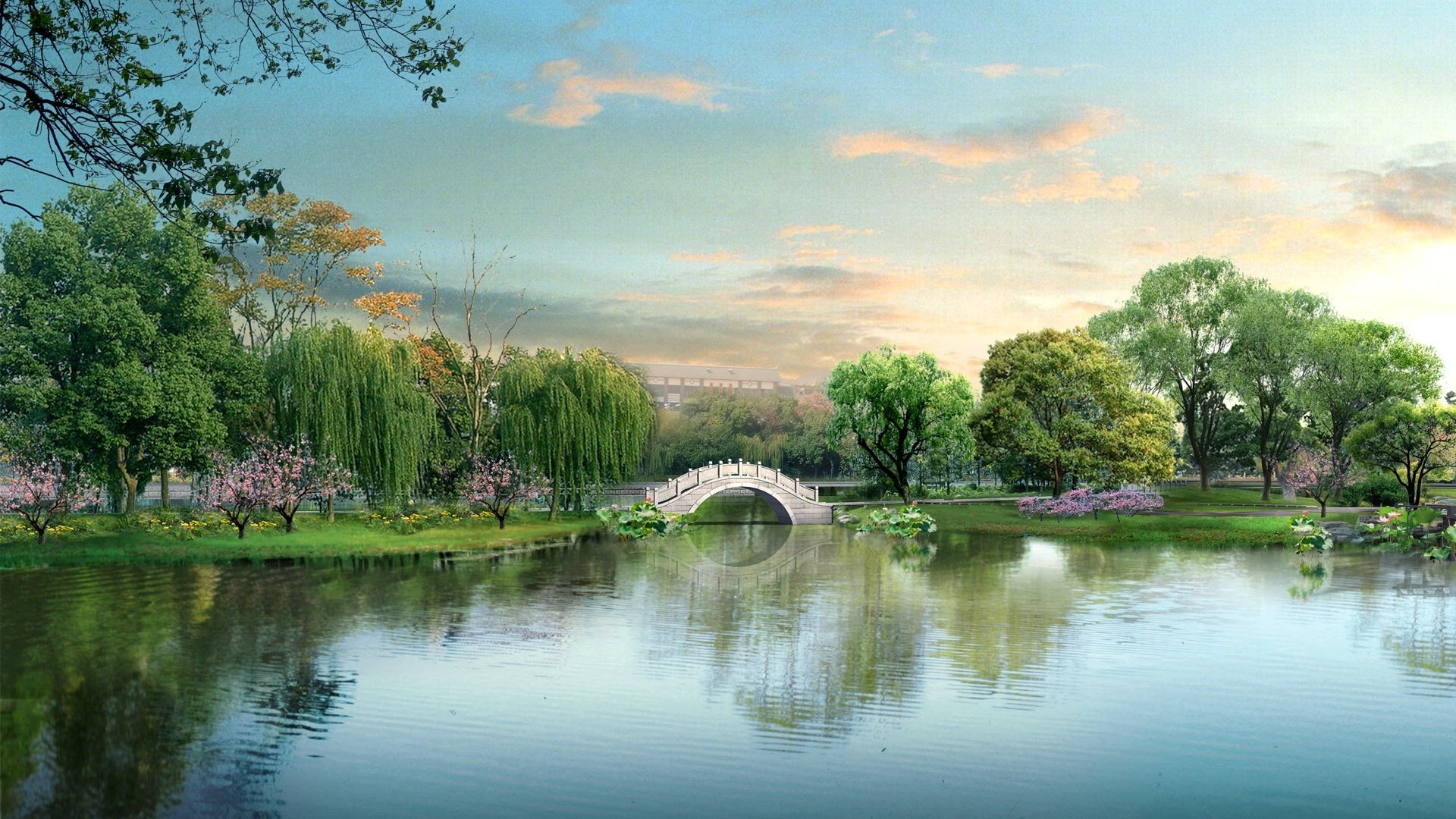 Japanese park with a bridge over a lake HD Wallpaper