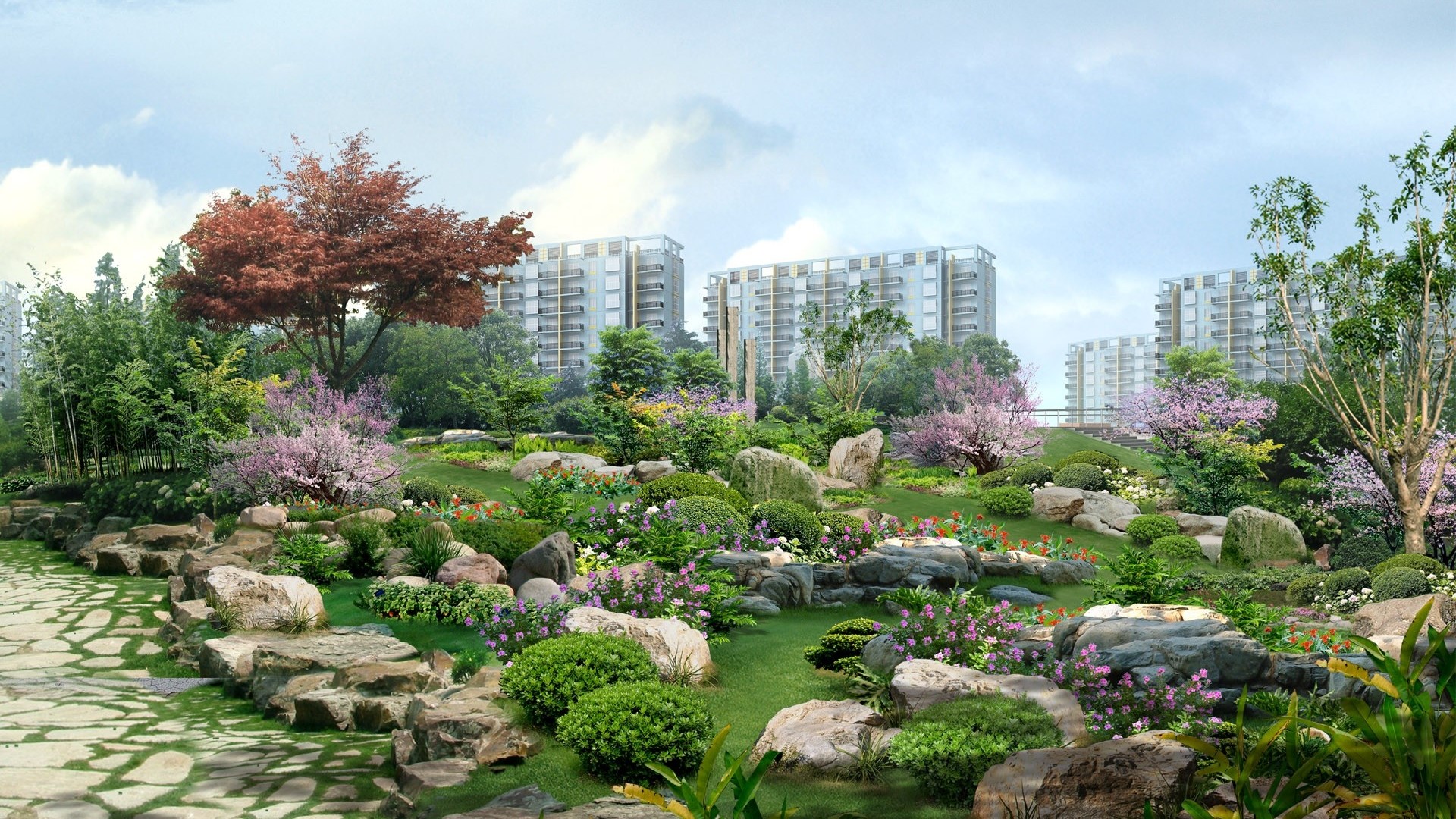 Japanese park with buildings in the background HD Wallpaper